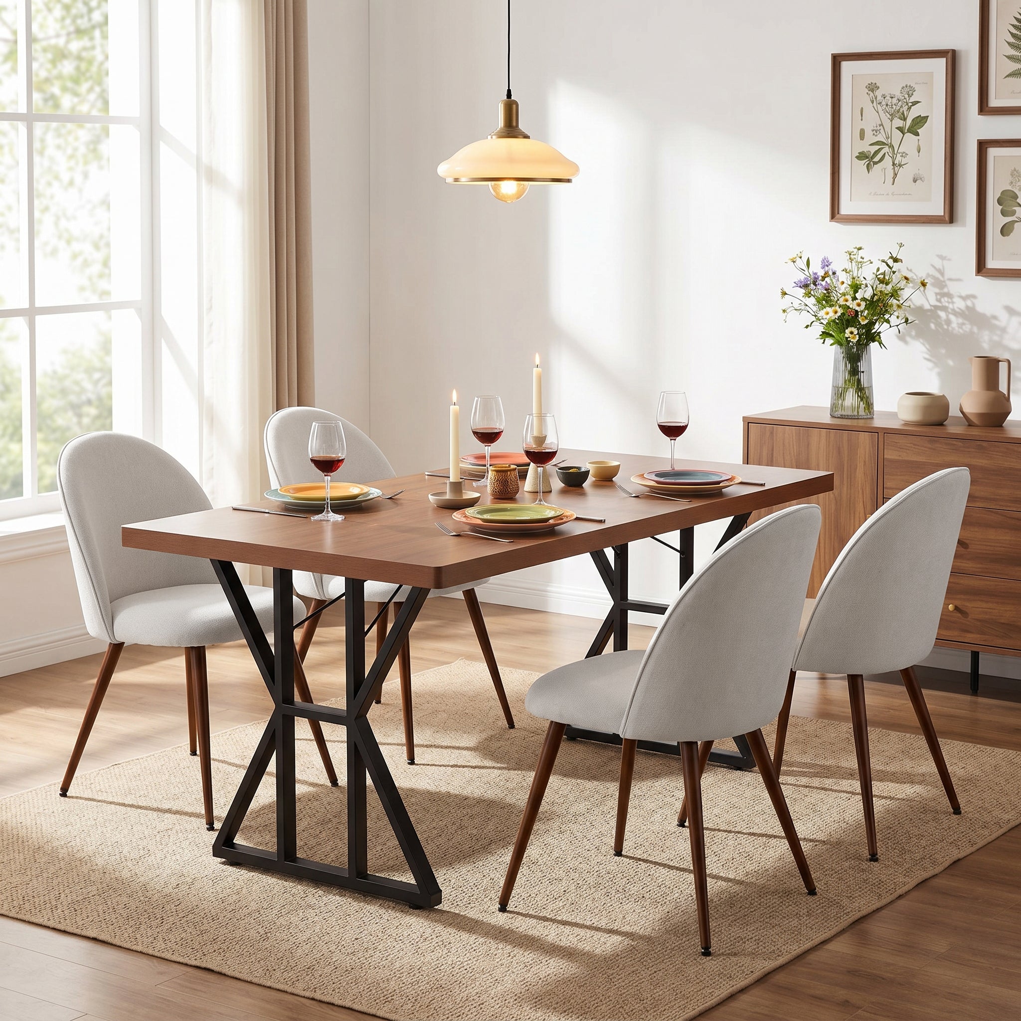 Homy Casa Leonard + Haven 5PC Dining Set 63” Walnut Finish Table with 4 Beige Fabric Upholstered Chairs