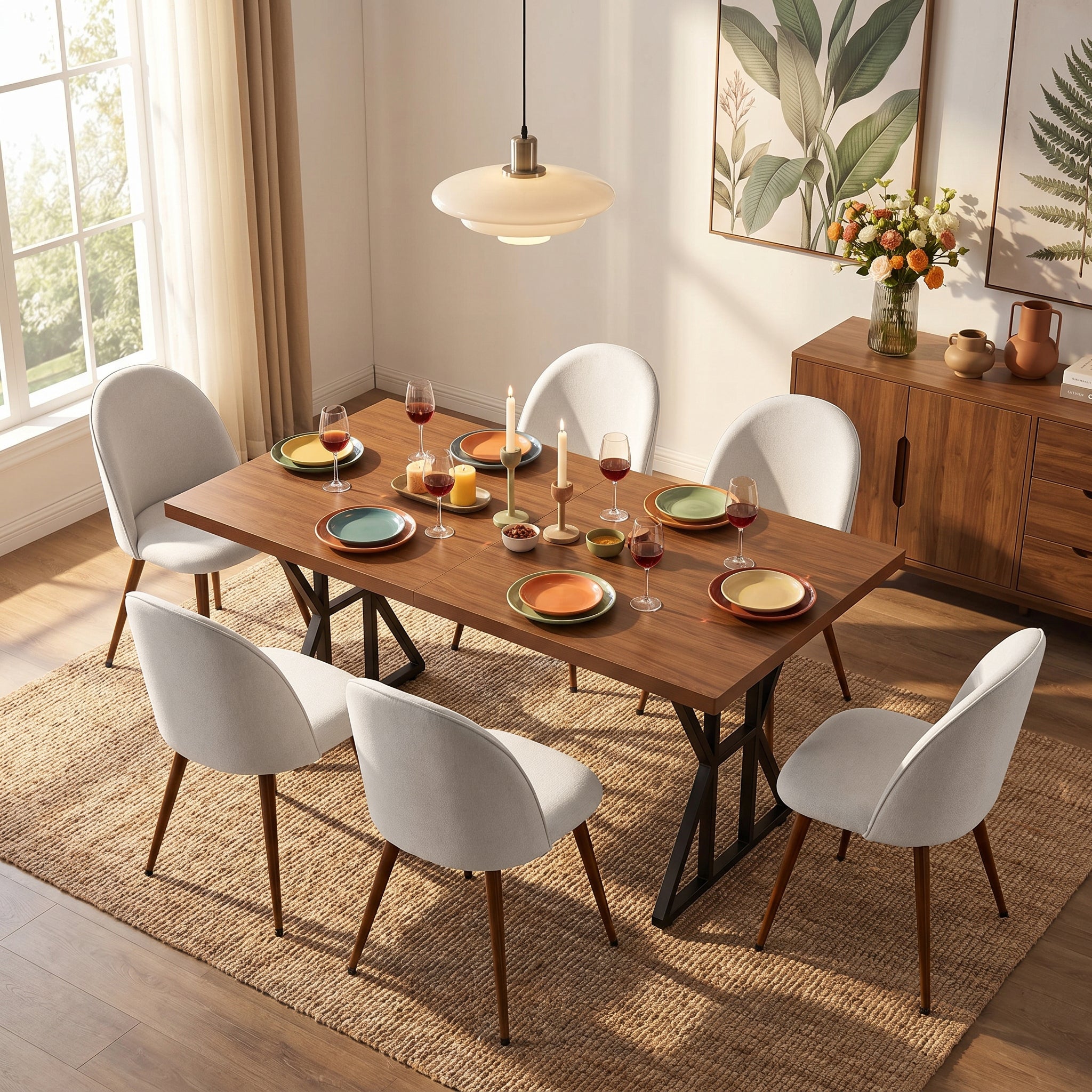 Homy Casa Leonard+Haven 7PC Dining Set 63” Rectangular Walnut Finish Table with Beige Fabric Chairs