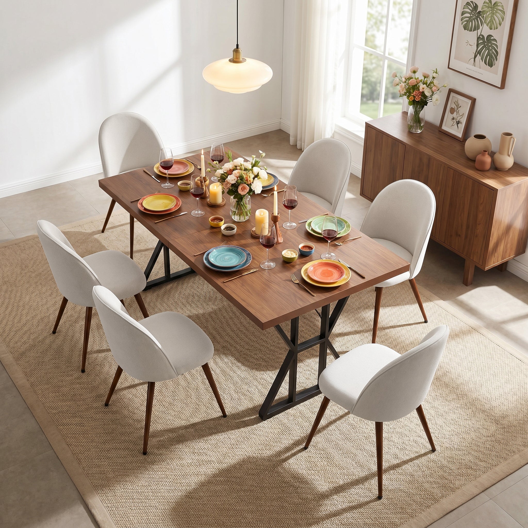 Homy Casa Leonard+Haven 7PC Dining Set 63” Rectangular Walnut Finish Table with Beige Fabric Chairs