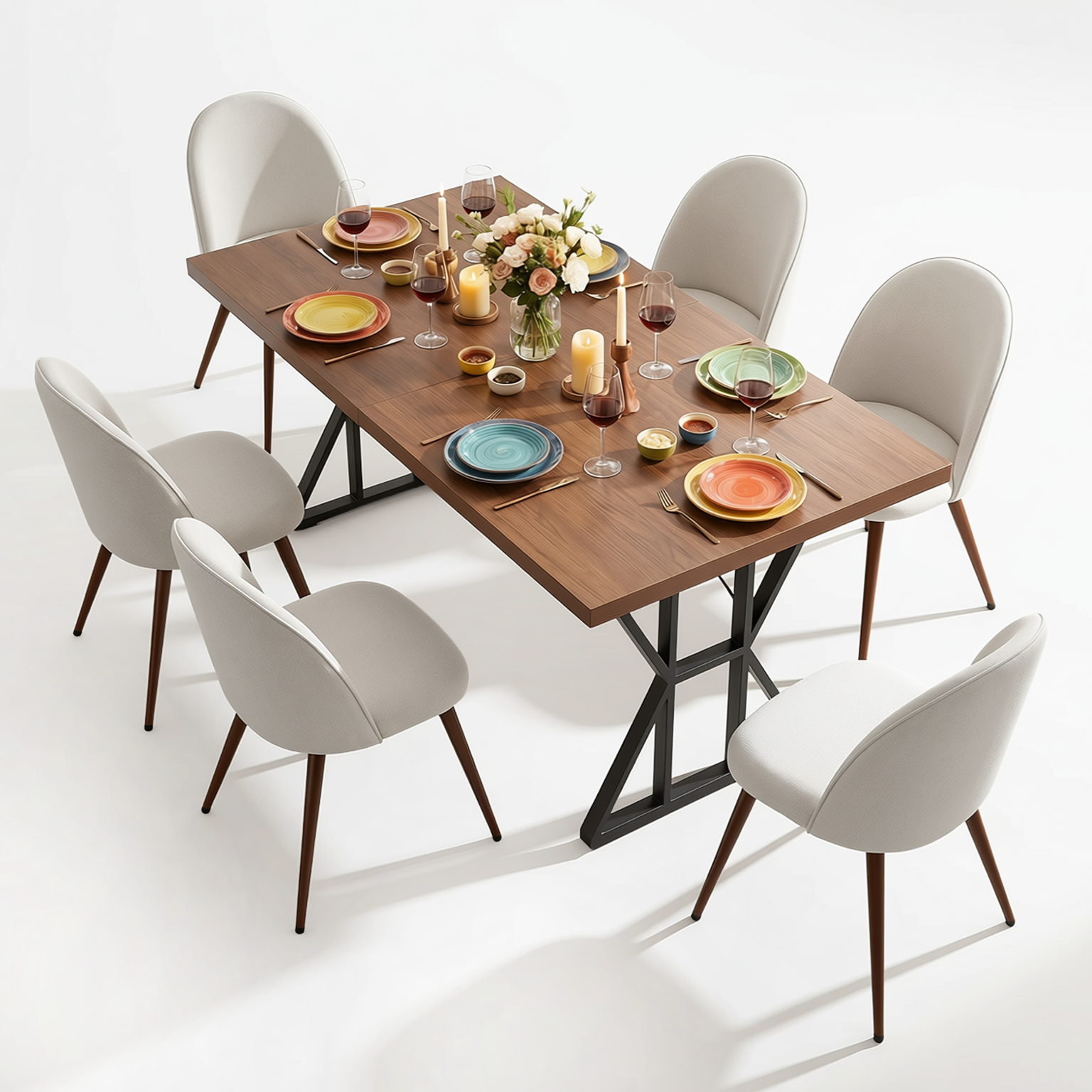 Homy Casa Leonard+Haven 7PC Dining Set 63” Rectangular Walnut Finish Table with Beige Fabric Chairs
