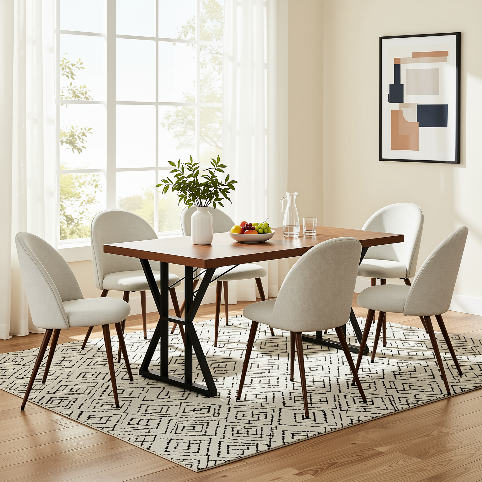 Homy Casa Leonard + Haven 7PC Dining Set with Walnut Finish Table & 6 Beige Fabric Chairs