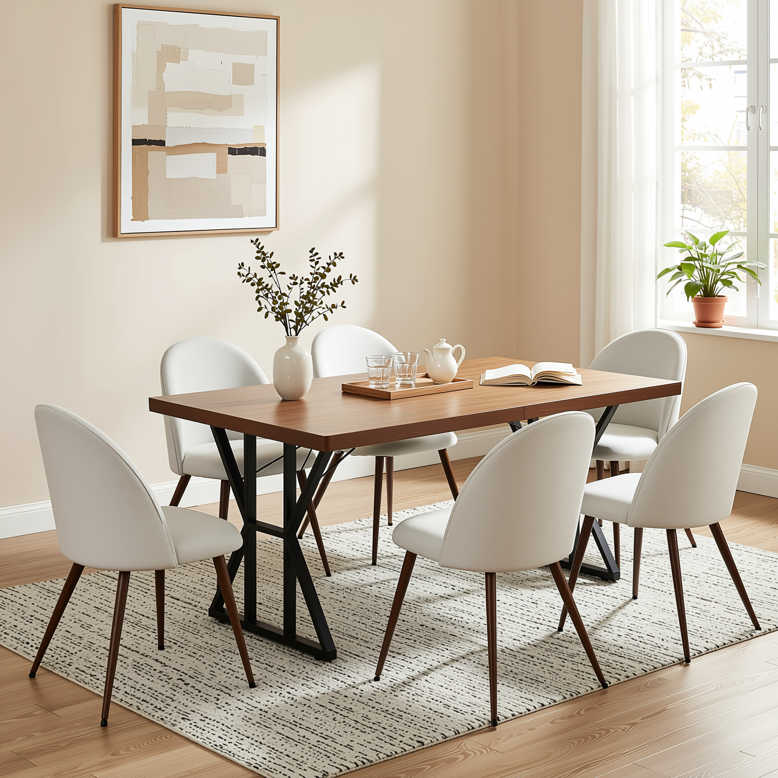 Homy Casa Leonard+Haven 7PC Dining Set 63” Rectangular Walnut Finish Table with Beige Fabric Chairs
