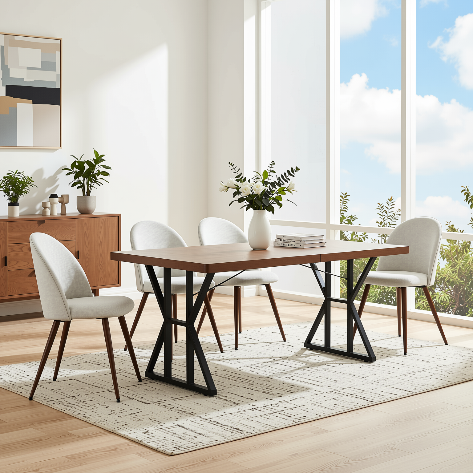 Homy Casa Leonard+Haven 5PC Dining Set 63” Rectangular Walnut Finish Table with Beige Fabric Chairs