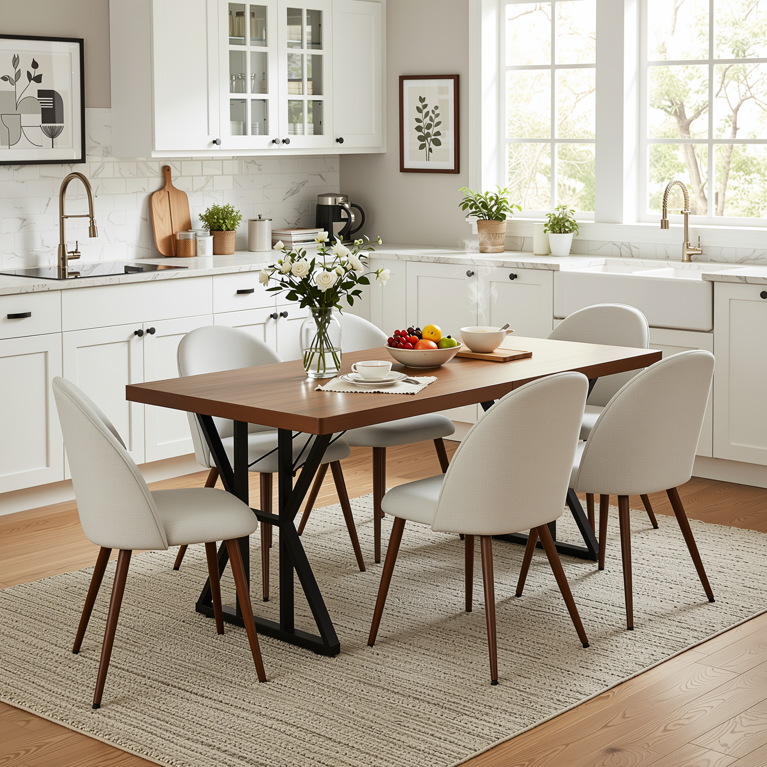 Homy Casa Leonard+Haven 7PC Dining Set 63” Rectangular Walnut Finish Table with Beige Fabric Chairs