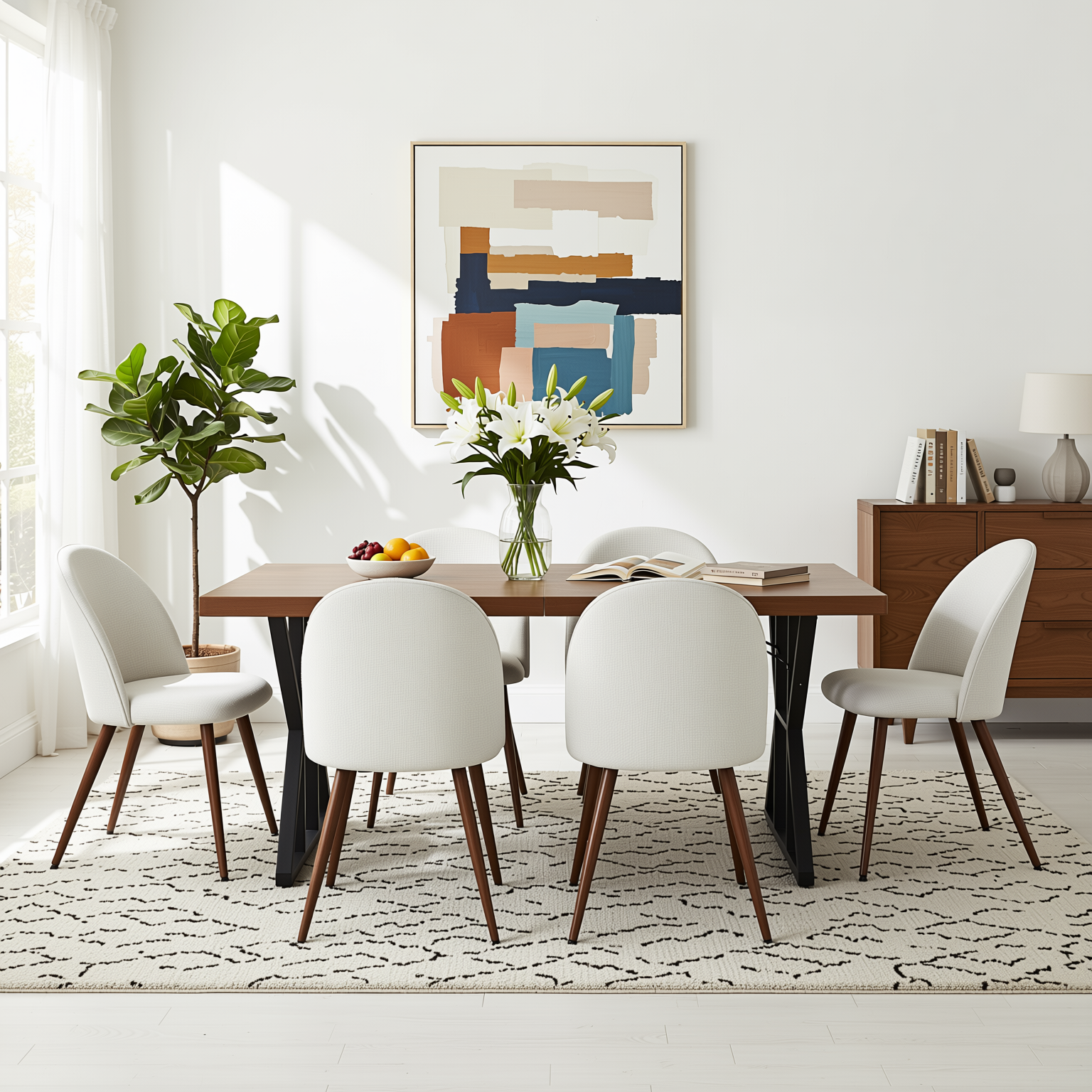 Homy Casa Leonard+Haven 5PC Dining Set 63” Rectangular Walnut Finish Table with Beige Fabric Chairs