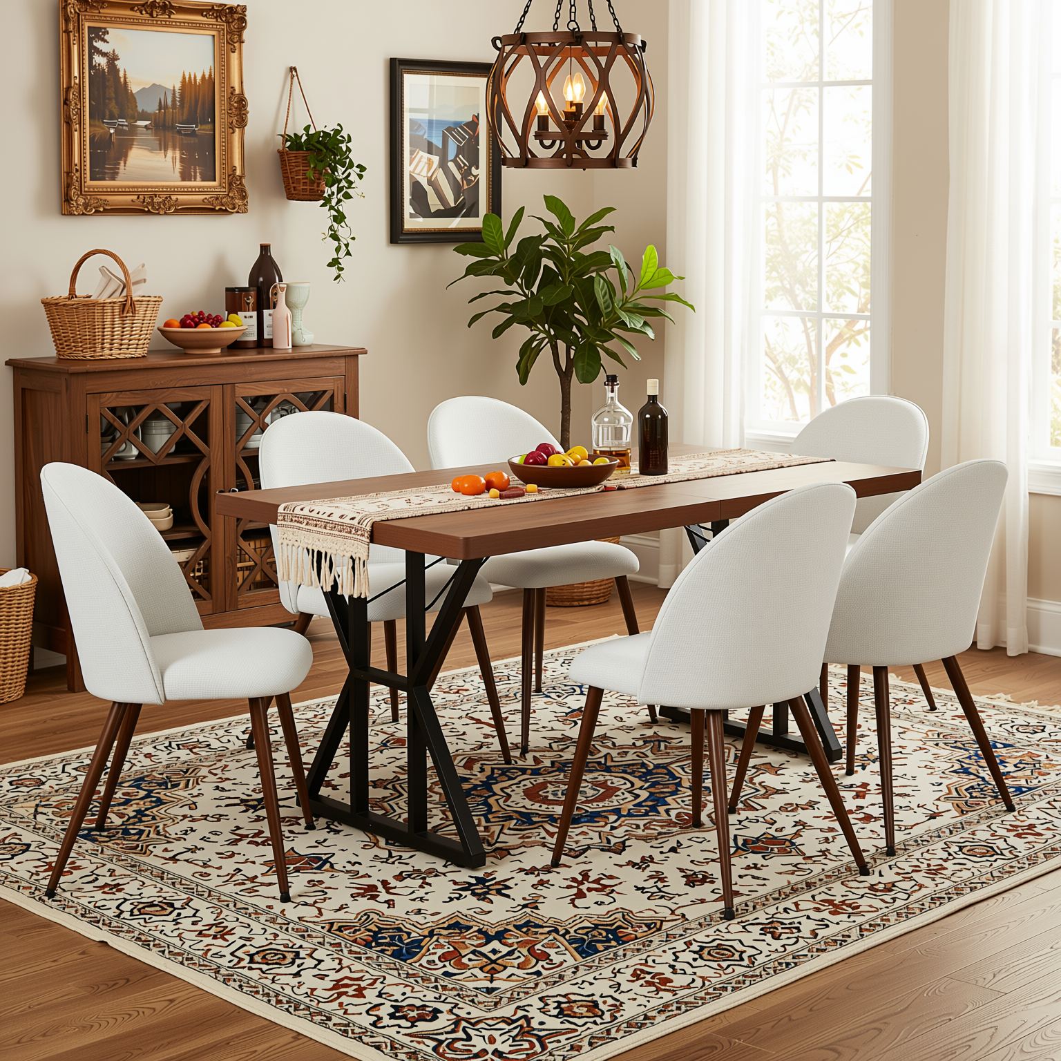 Homy Casa Leonard+Haven 7PC Dining Set 63” Rectangular Walnut Finish Table with Beige Fabric Chairs