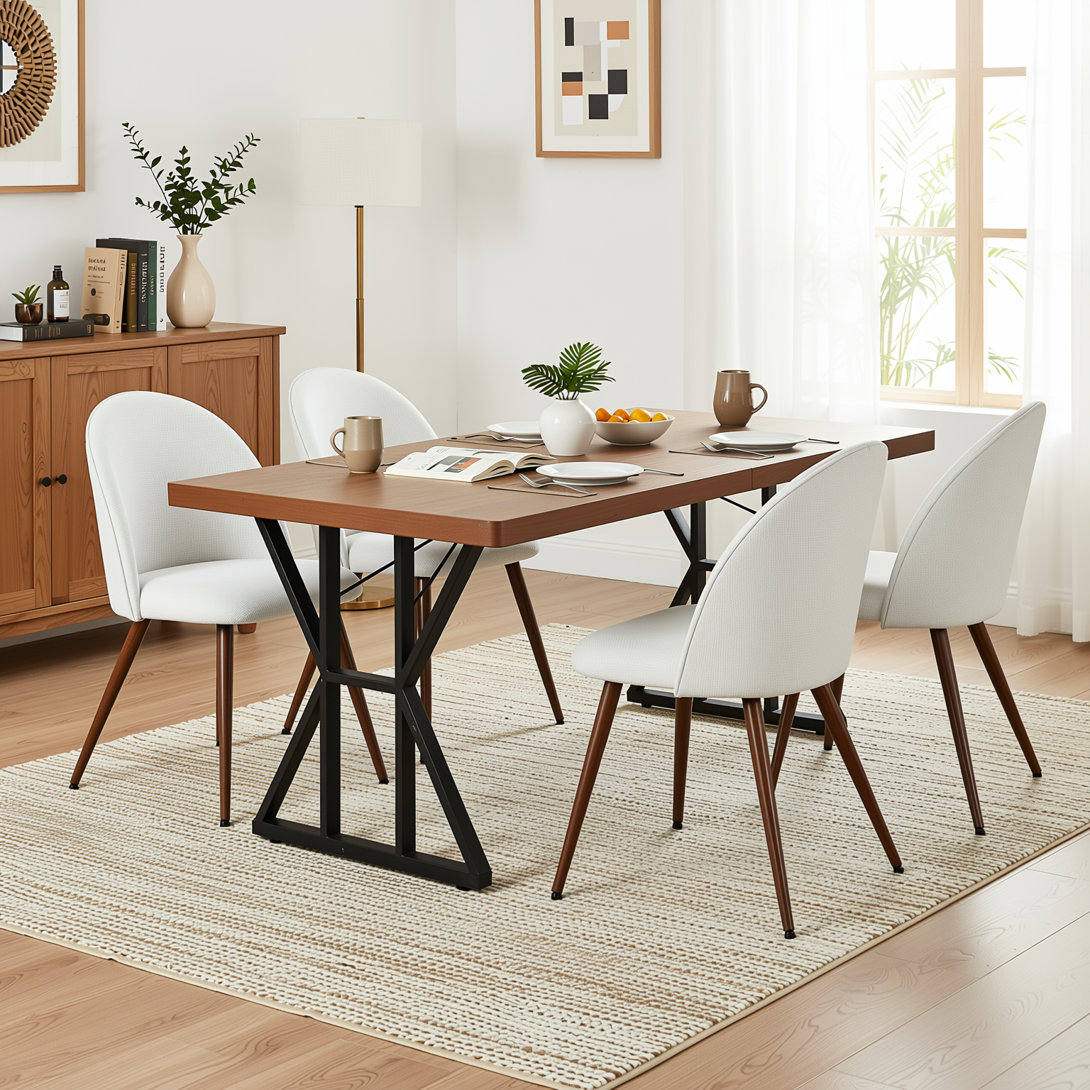 Homy Casa Leonard+Haven 5PC Dining Set 63” Rectangular Walnut Finish Table with Beige Fabric Chairs