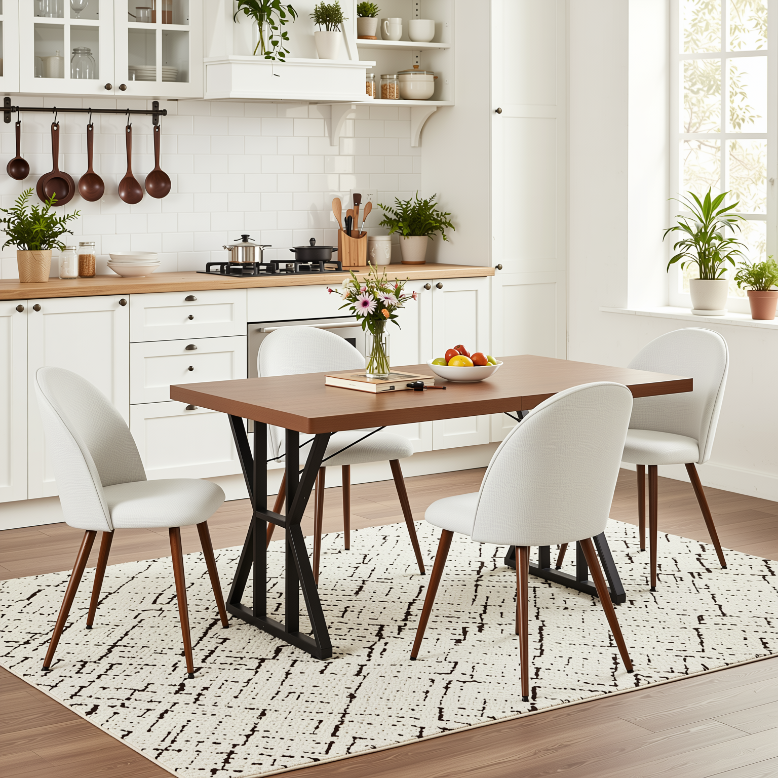 Homy Casa Leonard + Haven 5PC Dining Set 63” Walnut Finish Table with 4 Beige Fabric Upholstered Chairs