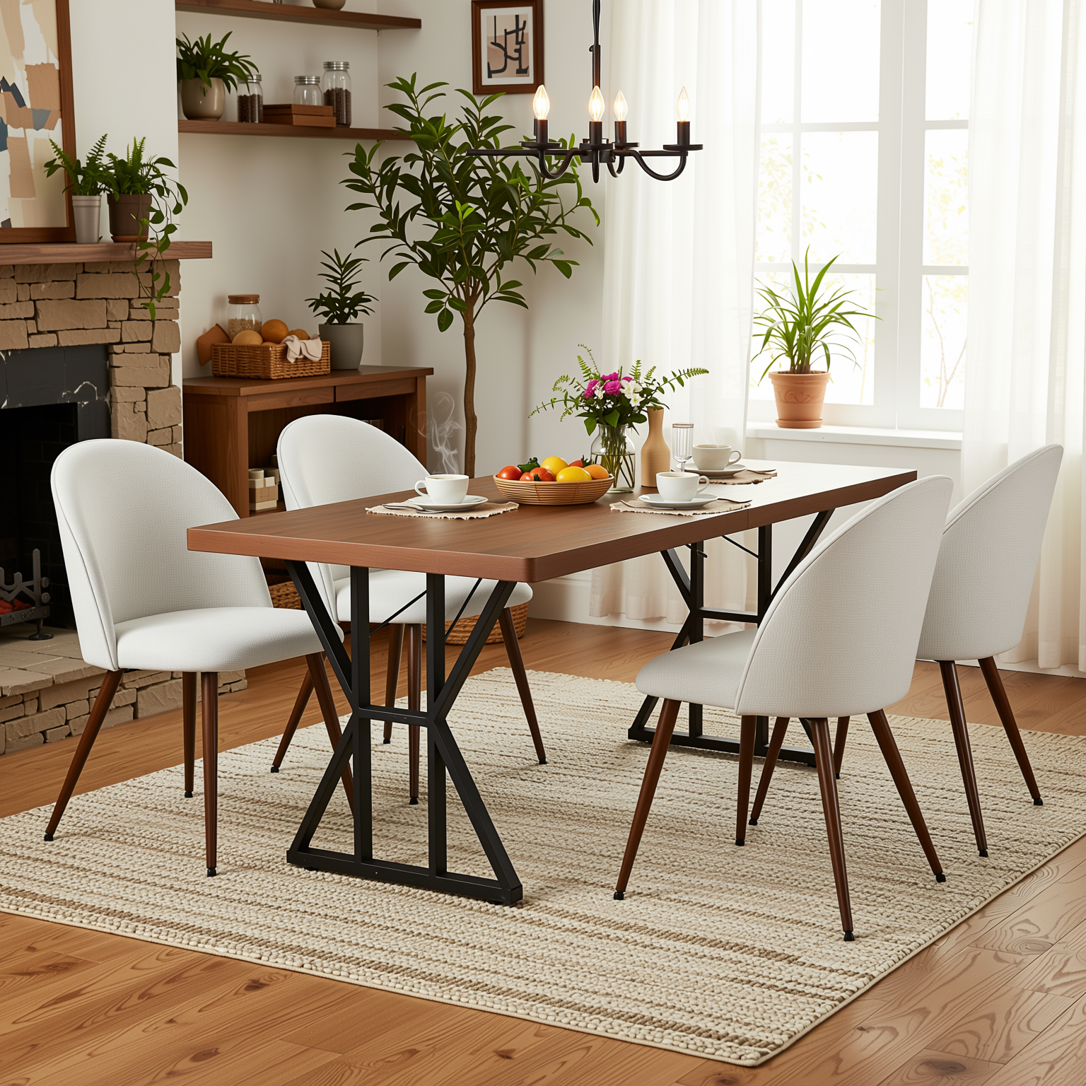 Homy Casa Leonard + Haven 5PC Dining Set 63” Walnut Finish Table with 4 Beige Fabric Upholstered Chairs