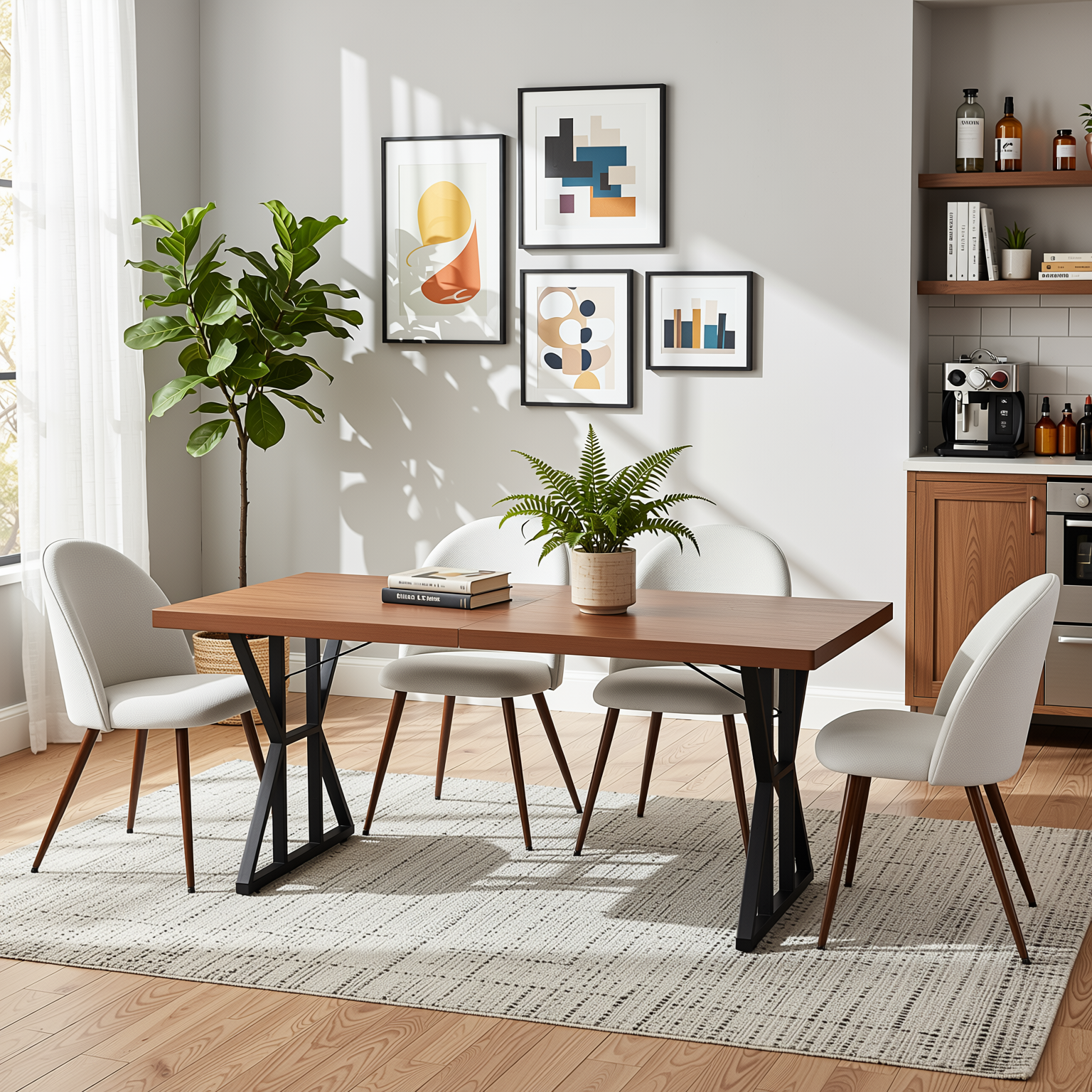 Homy Casa Leonard + Haven 5PC Dining Set 63” Walnut Finish Table with 4 Beige Fabric Upholstered Chairs