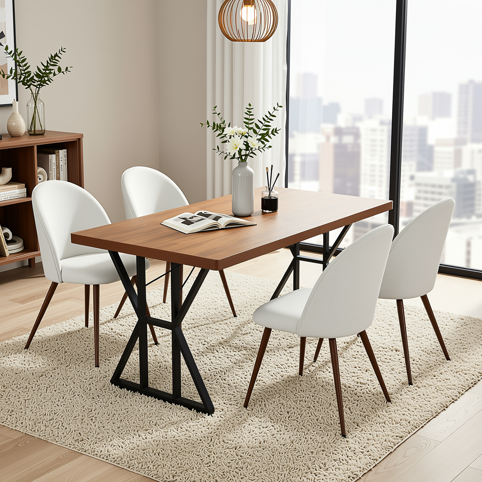 Homy Casa Leonard + Haven 5PC Dining Set 63” Walnut Finish Table with 4 Beige Fabric Upholstered Chairs