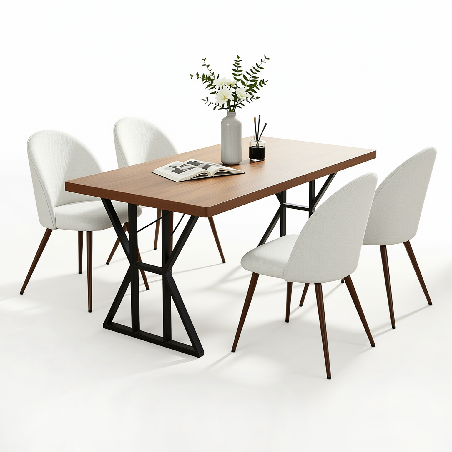 Homy Casa Leonard+Haven 5PC Dining Set 63” Rectangular Walnut Finish Table with Beige Fabric Chairs