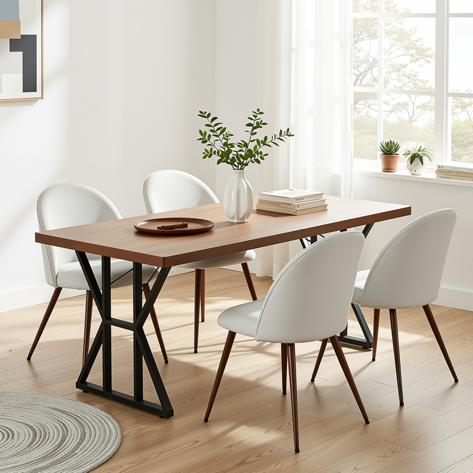 Homy Casa Leonard + Haven 5PC Dining Set 63” Walnut Finish Table with 4 Beige Fabric Upholstered Chairs