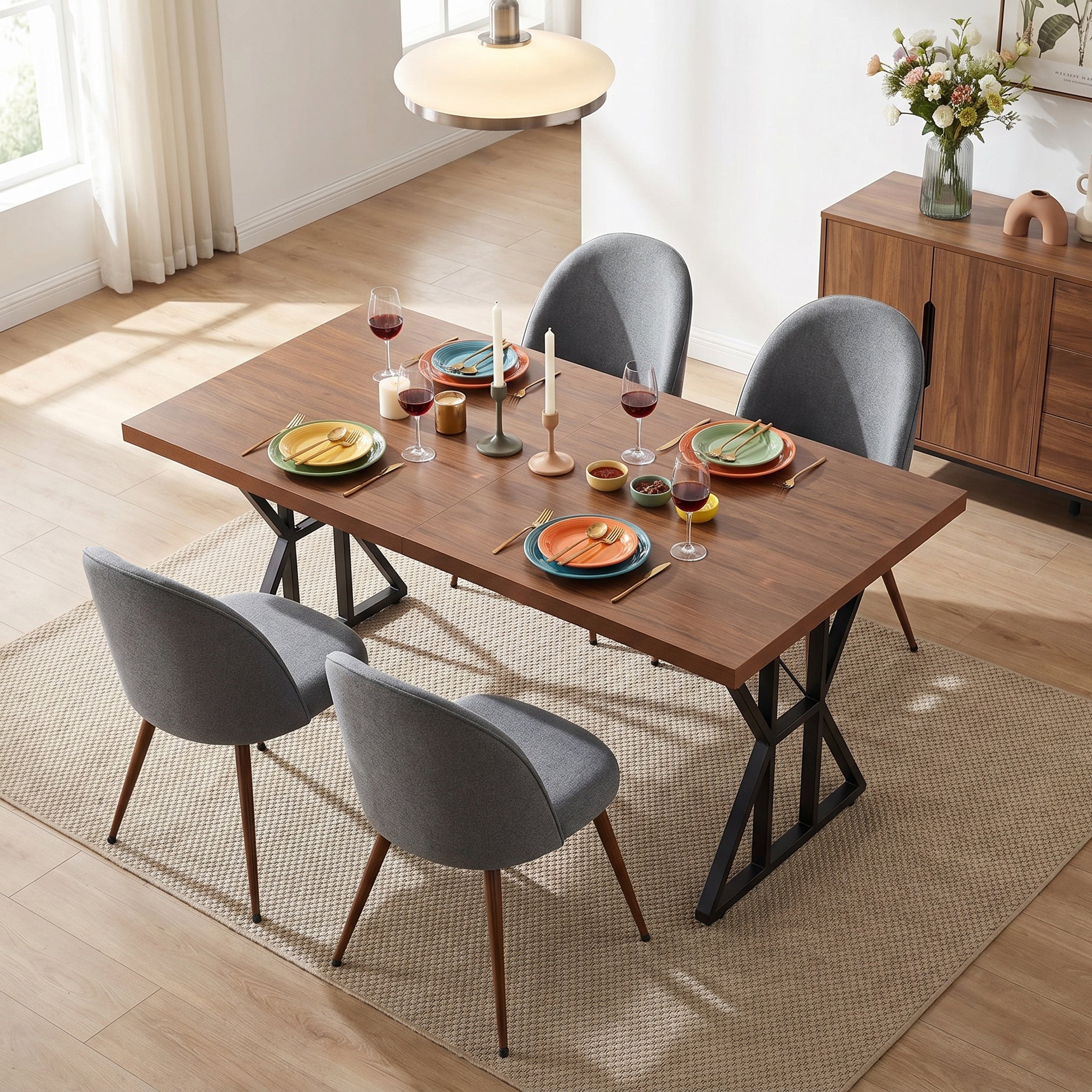 Homy Casa Leonard + Haven 5PC Dining Set 63" Table with 4 Grey Fabric Chairs Walnut Finish