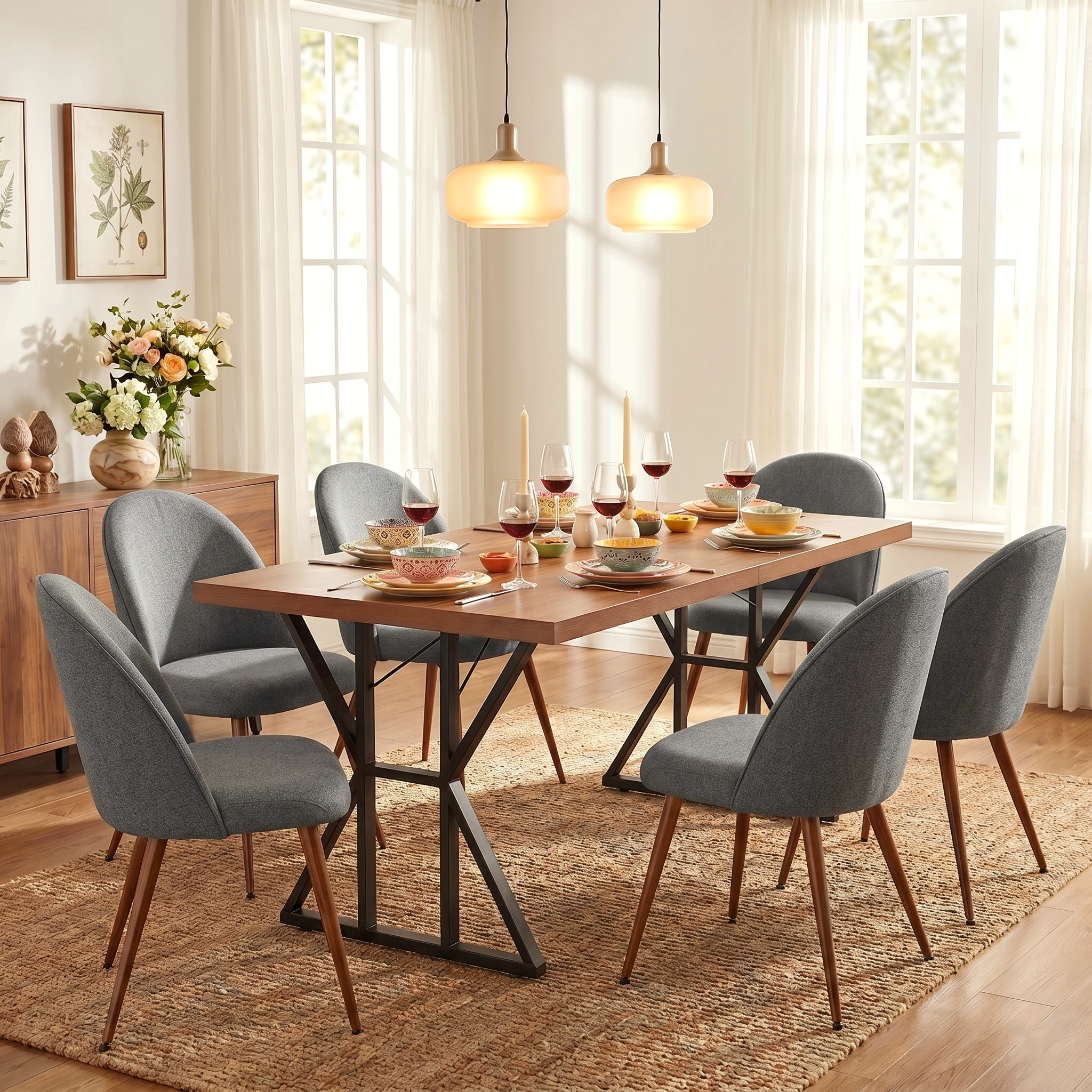 Homy Casa Leonard + Haven 7PC Dining Set with Grey Fabric Chairs & Walnut Finish Table