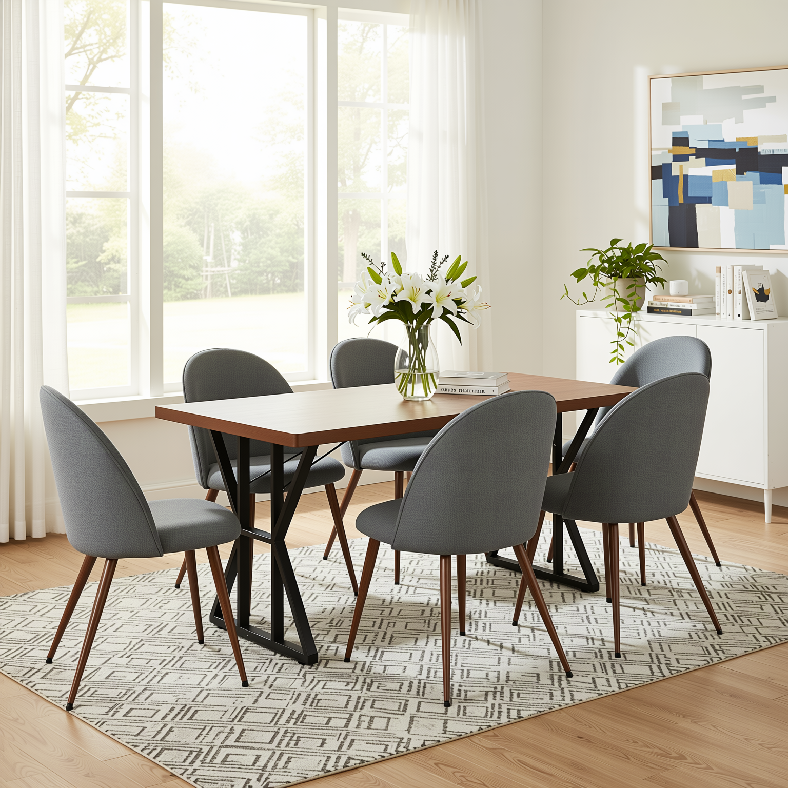 Homy Casa Leonard + Haven 7PC Dining Set with Grey Fabric Chairs & Walnut Finish Table