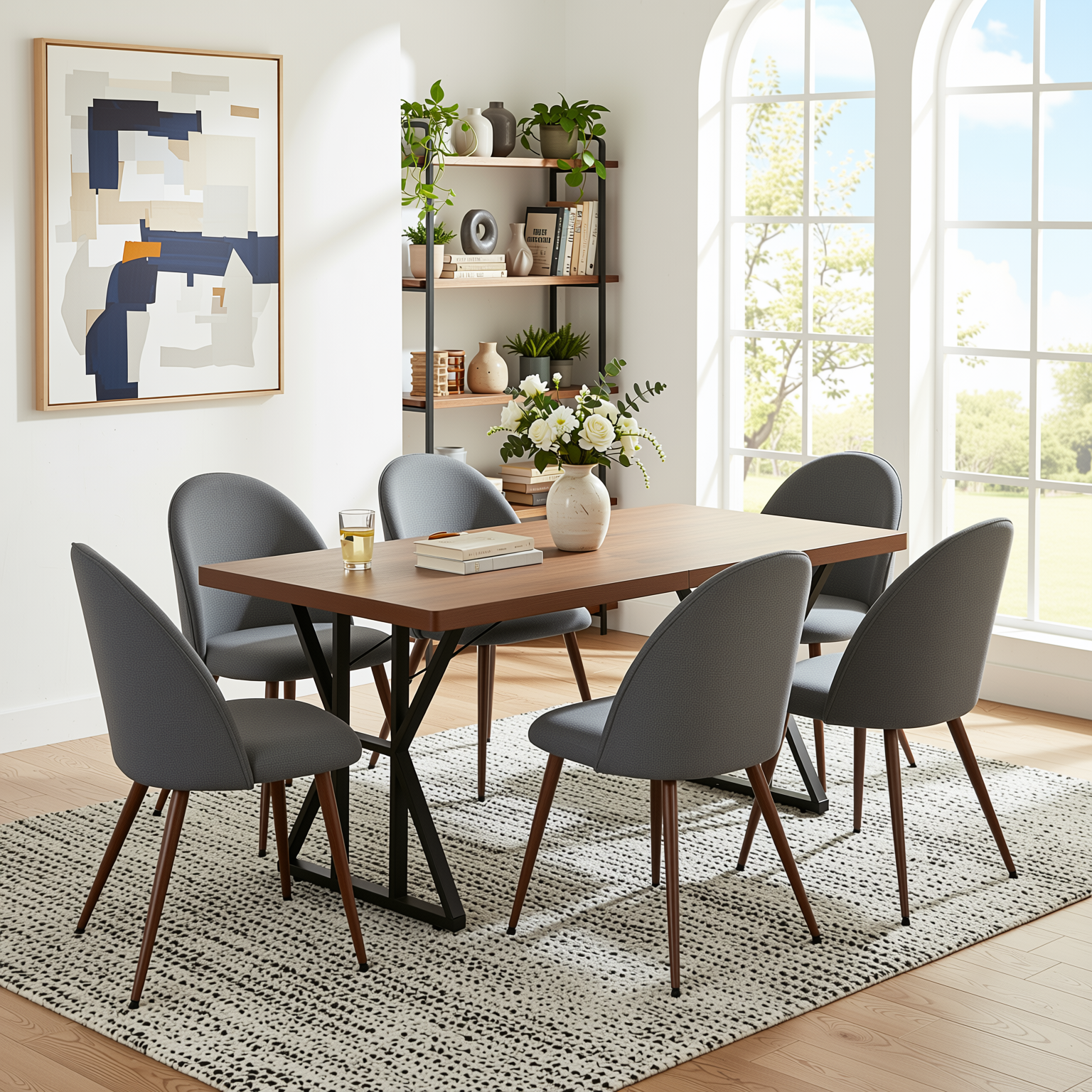 Homy Casa Leonard + Haven 7PC Dining Set with Grey Fabric Chairs & Walnut Finish Table