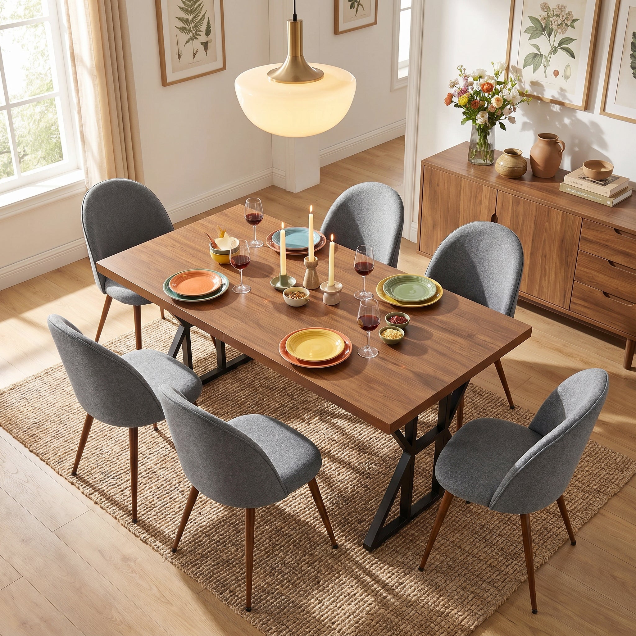Homy Casa Leonard + Haven 7PC Dining Set with Grey Fabric Chairs & Walnut Finish Table