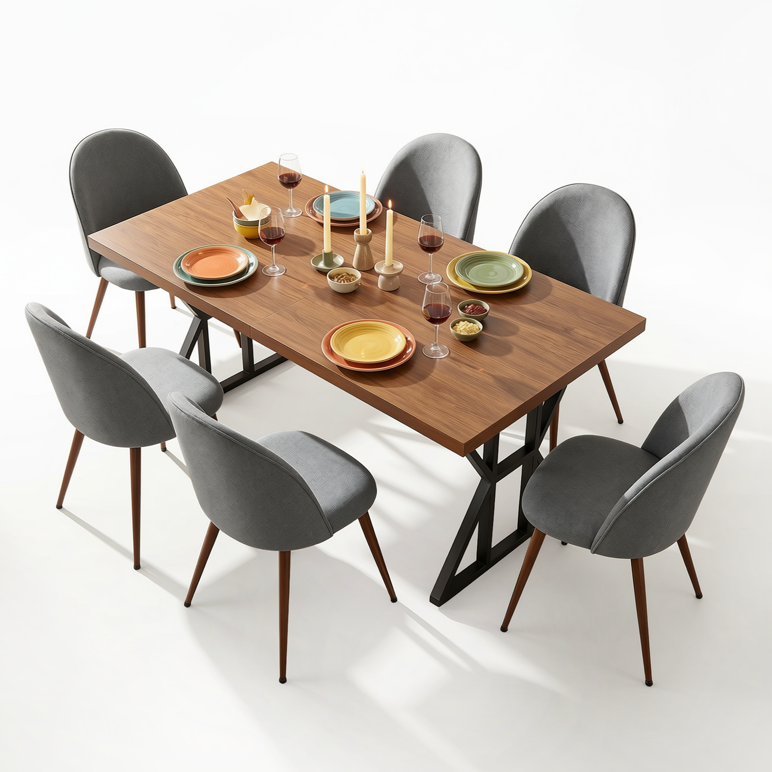 Homy Casa Leonard + Haven 7PC Dining Set with Grey Fabric Chairs & Walnut Finish Table