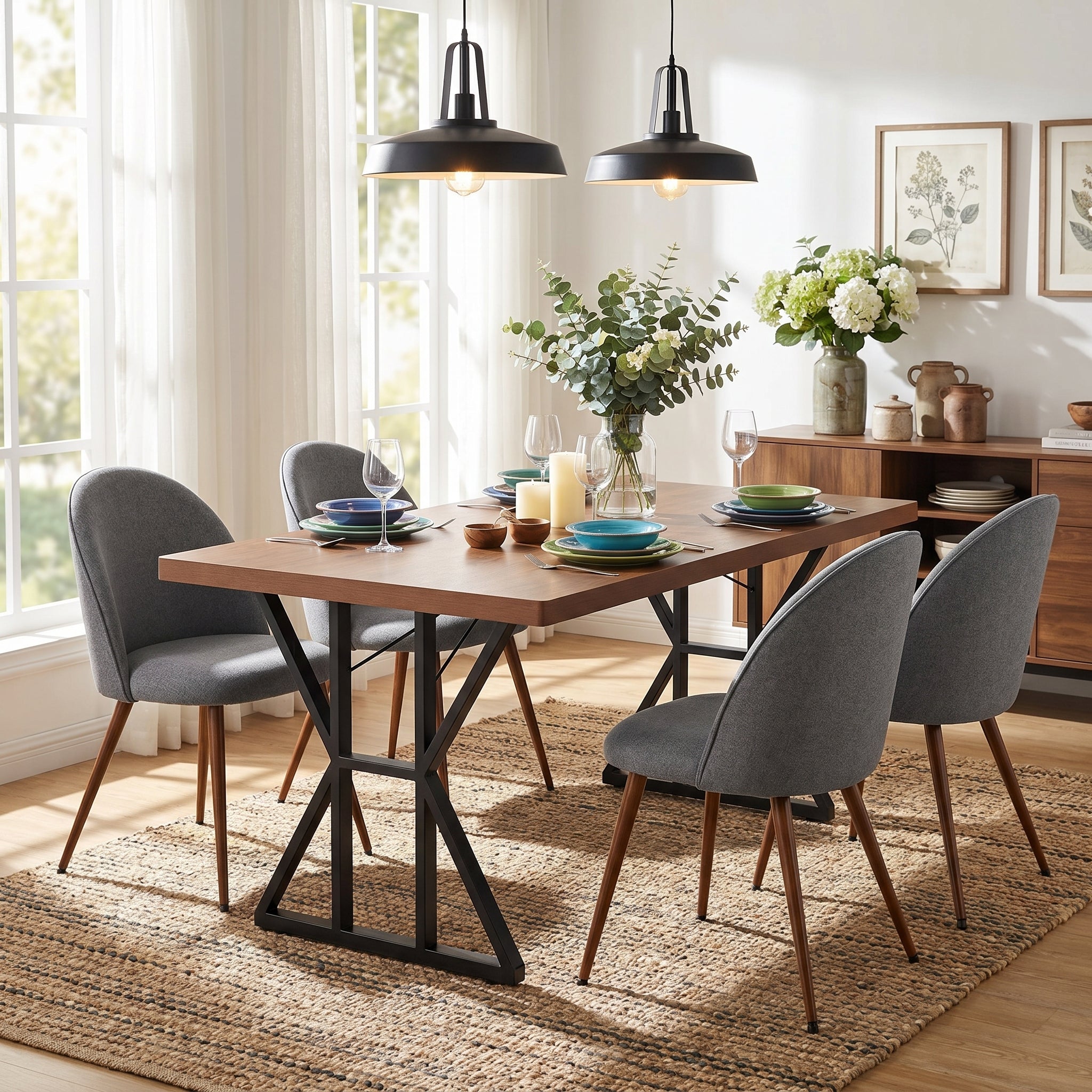 Homy Casa Leonard + Haven 5PC Dining Set 63" Table with 4 Grey Fabric Chairs Walnut Finish