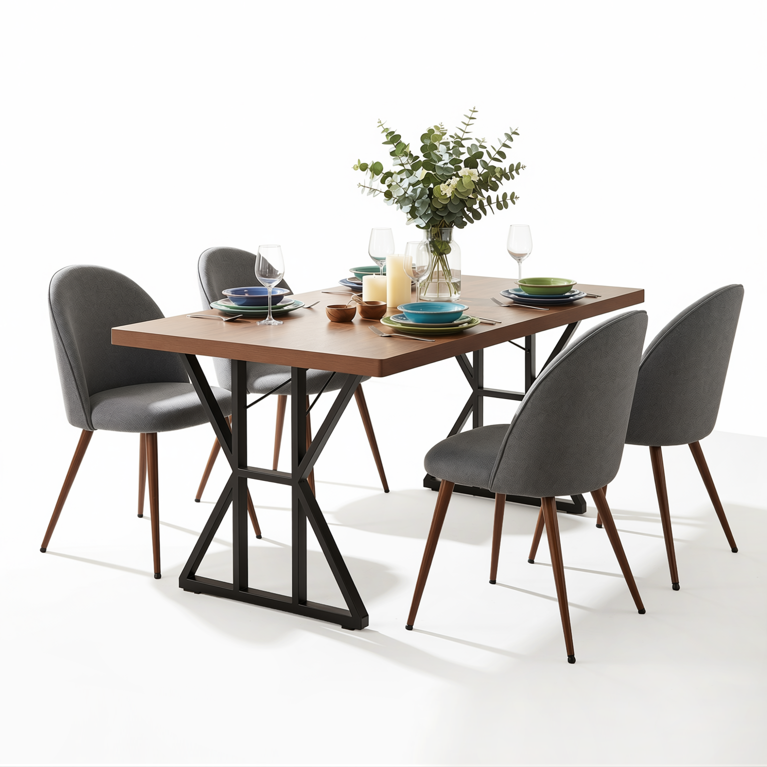 Homy Casa Leonard + Haven 5PC Dining Set 63" Table with 4 Grey Fabric Chairs Walnut Finish