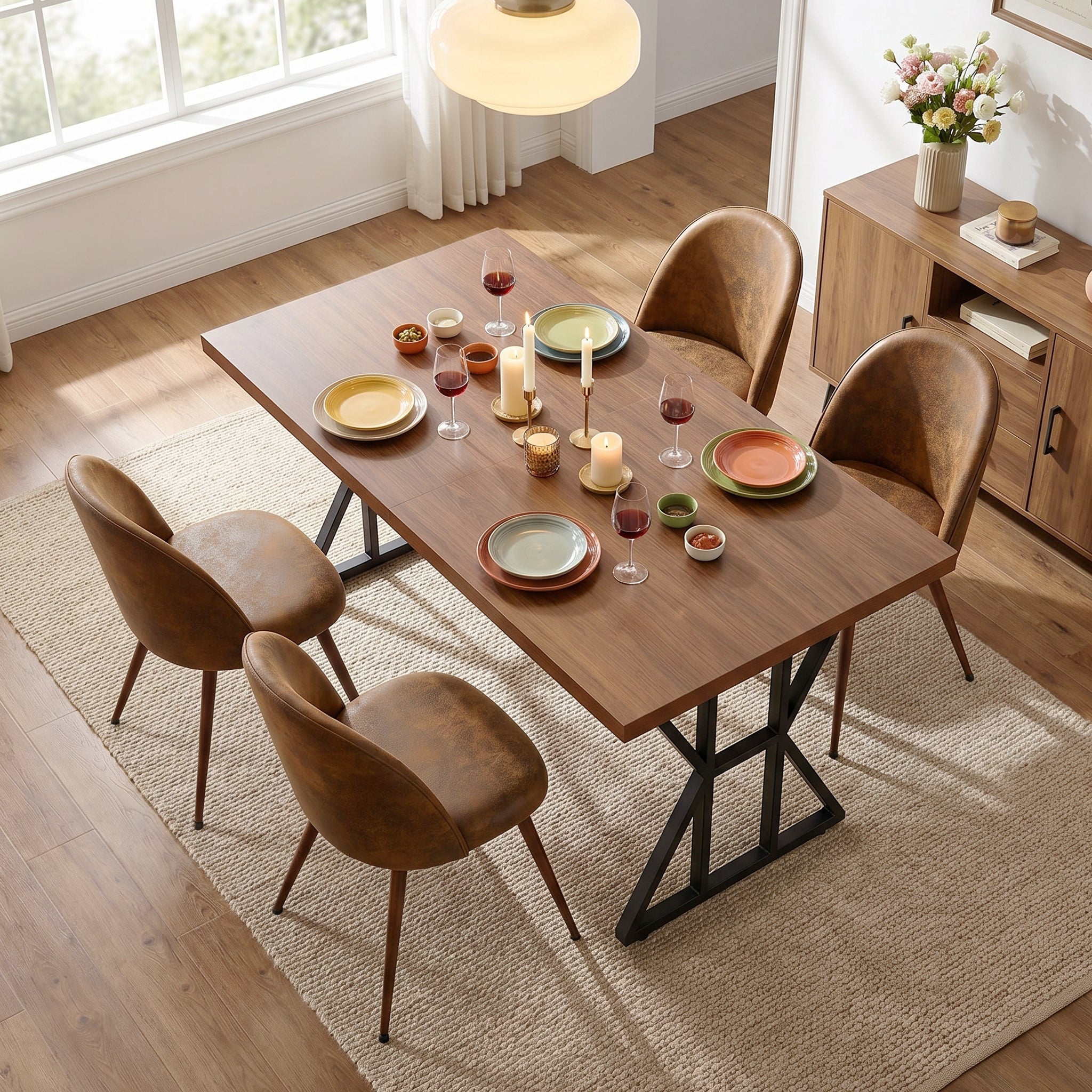 Homy Casa Leonard + Haven 5PC Dining Set 63” Table with 4 Suede Brown Upholstered Chairs Walnut Finish