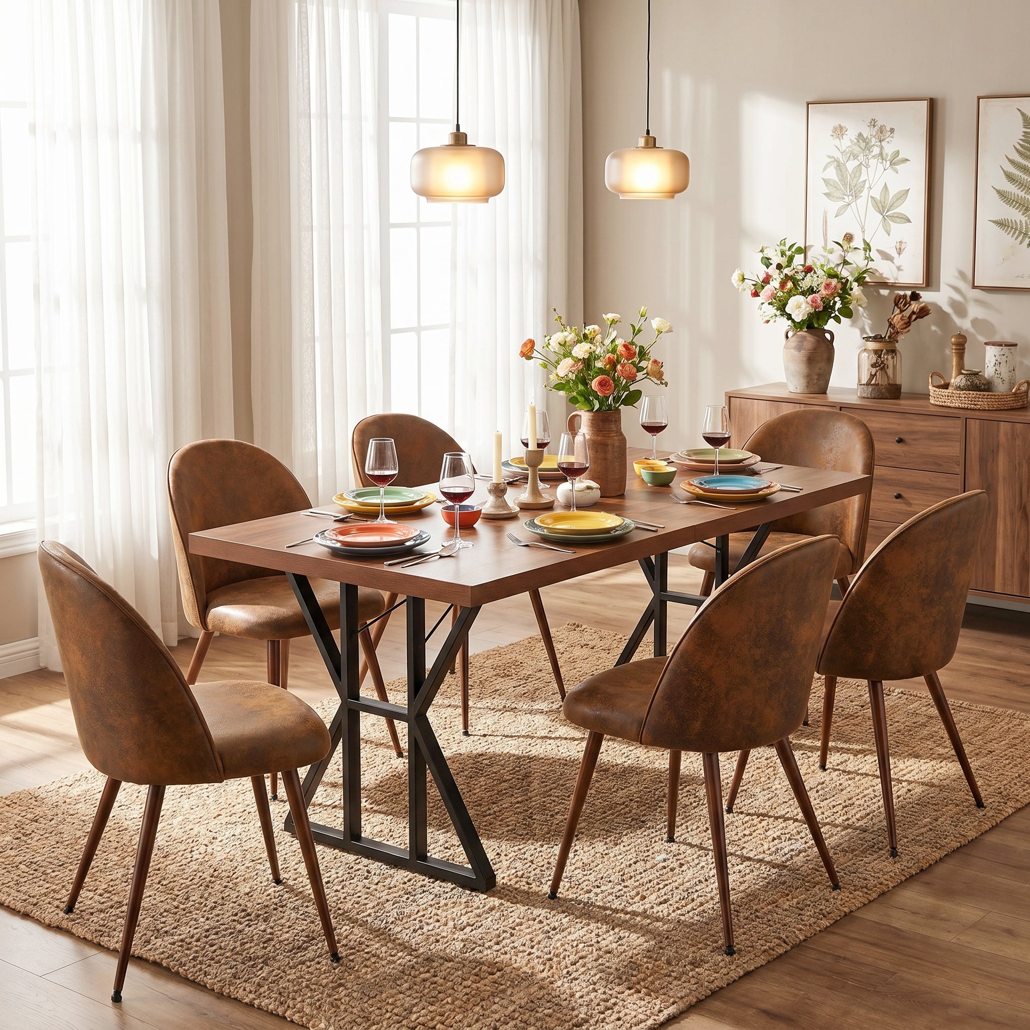 Homy Casa Leonard + Haven 7PC Dining Set 63" Table with 6 Suede Brown Upholstered Chairs Walnut Finish