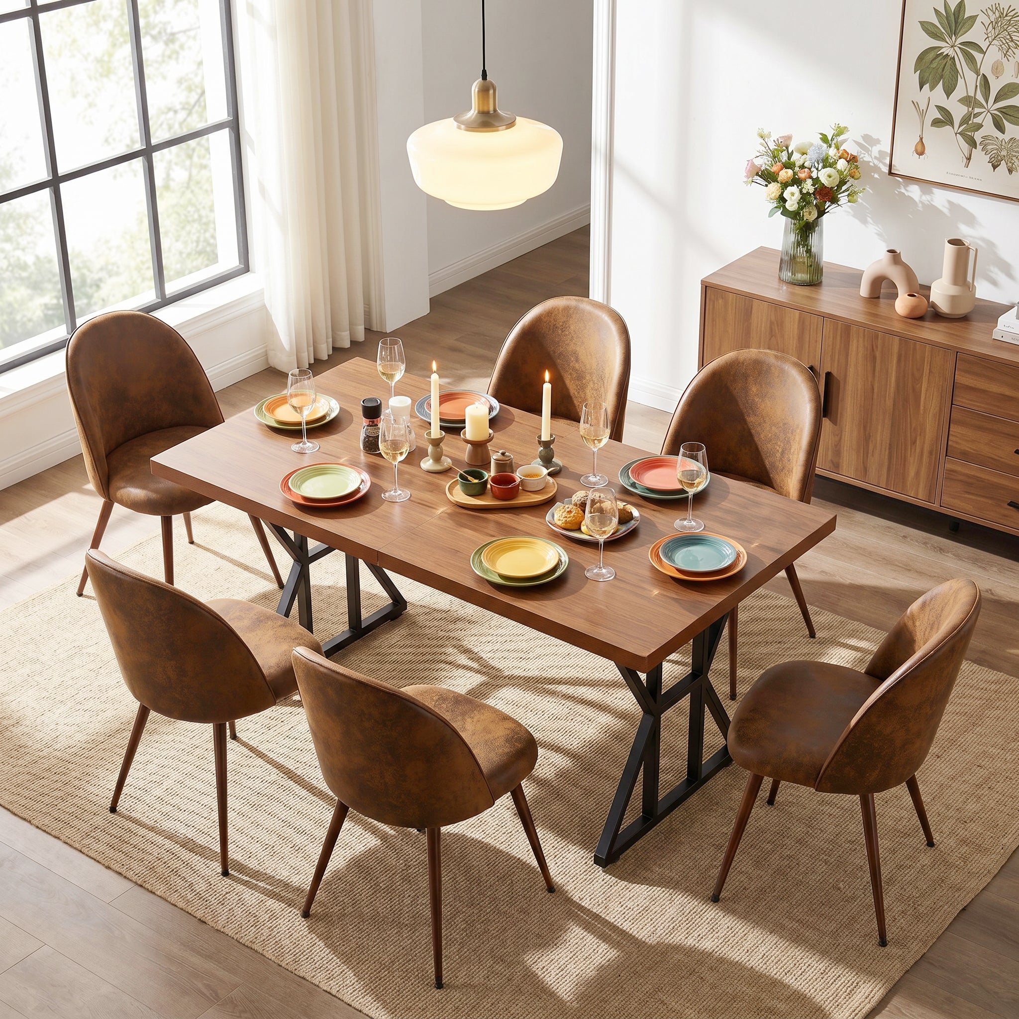 Homy Casa Leonard + Haven 7PC Dining Set 63" Table with 6 Suede Brown Upholstered Chairs Walnut Finish