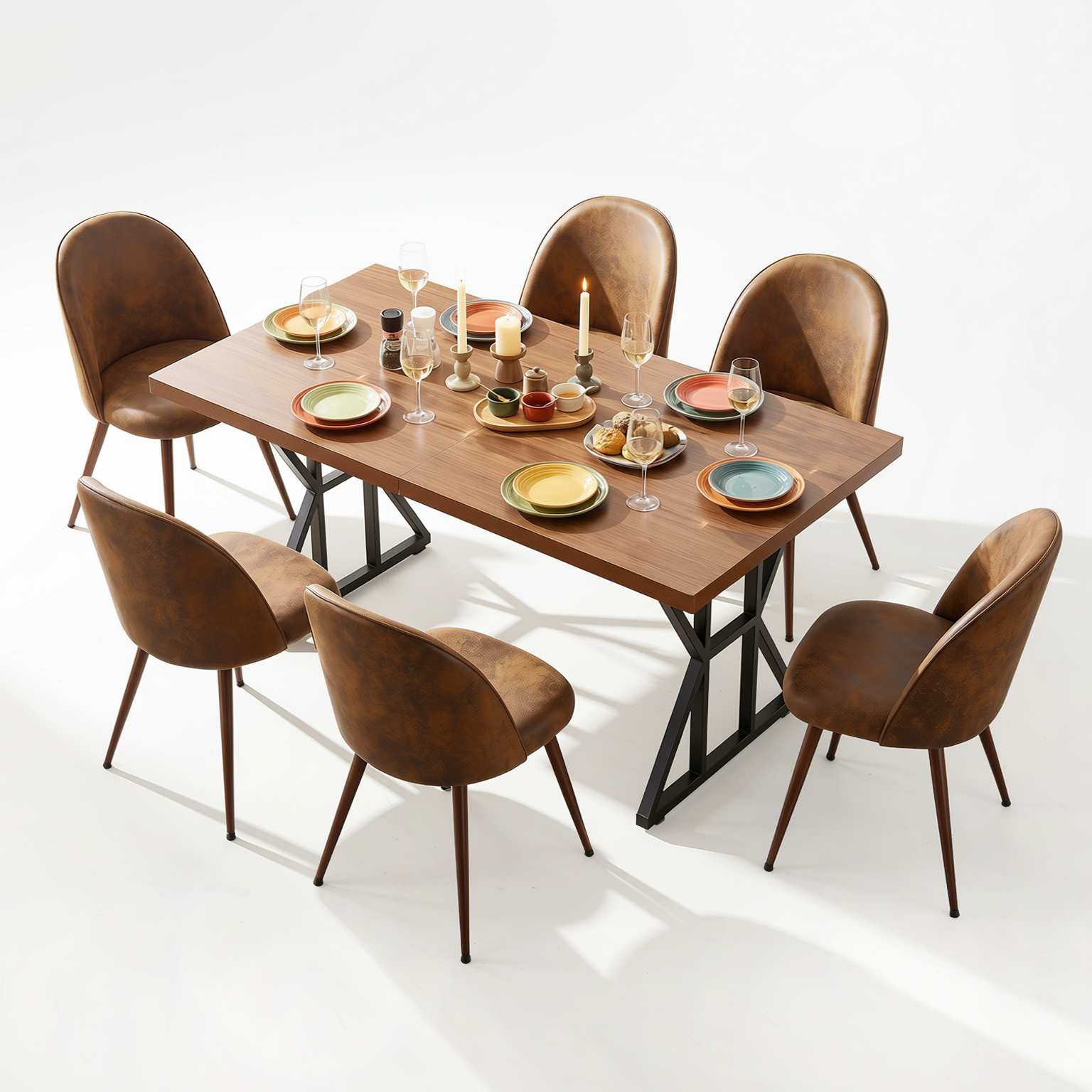 Homy Casa Leonard + Haven 7PC Dining Set 63" Table with 6 Suede Brown Upholstered Chairs Walnut Finish