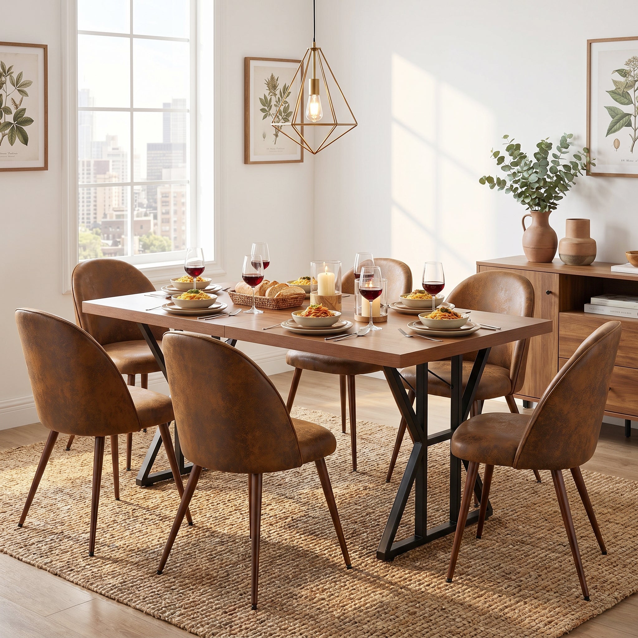 Homy Casa Leonard + Haven 7PC Dining Set 63" Table with 6 Suede Brown Upholstered Chairs Walnut Finish