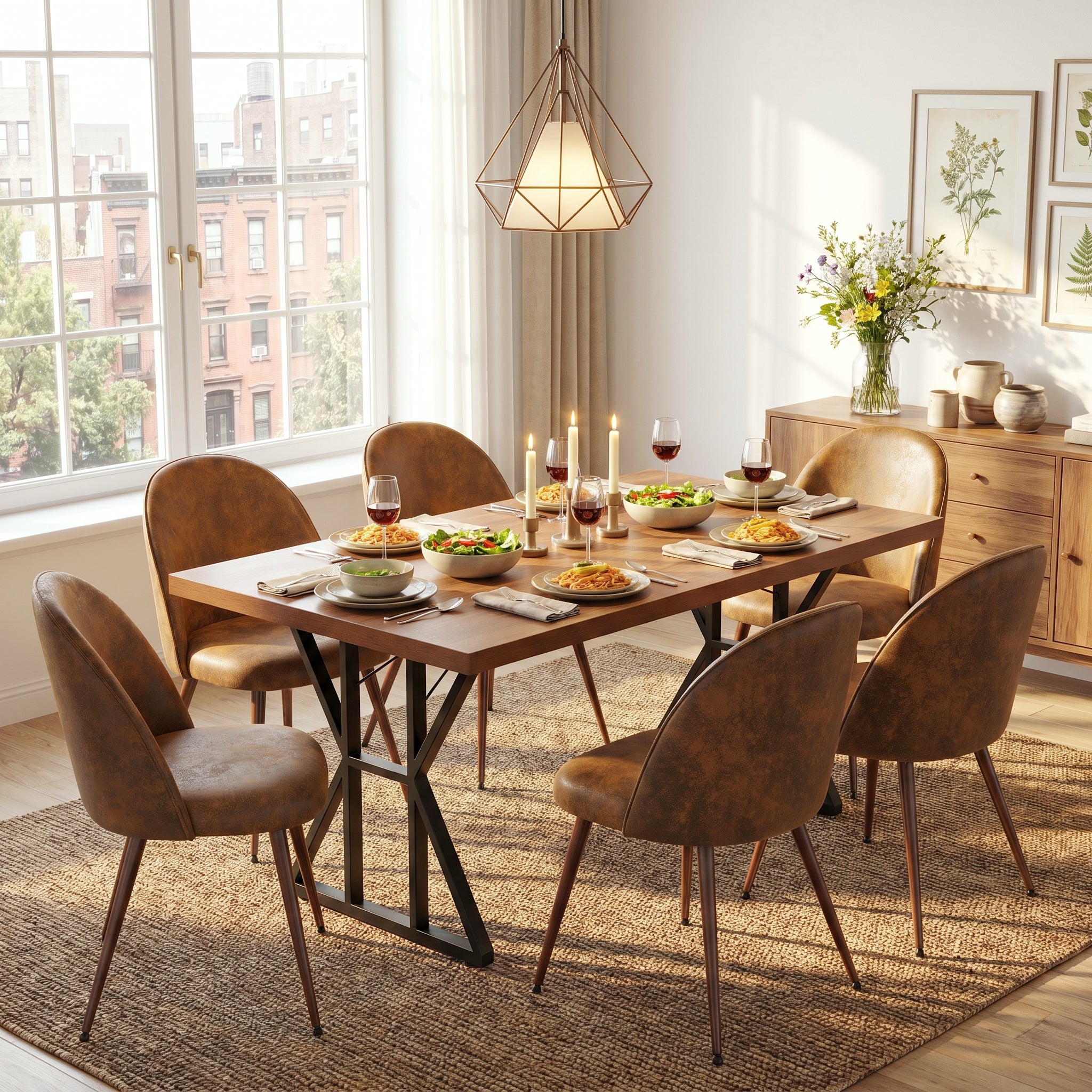 Homy Casa Leonard + Haven 7PC Dining Set 63" Table with 6 Suede Brown Upholstered Chairs Walnut Finish