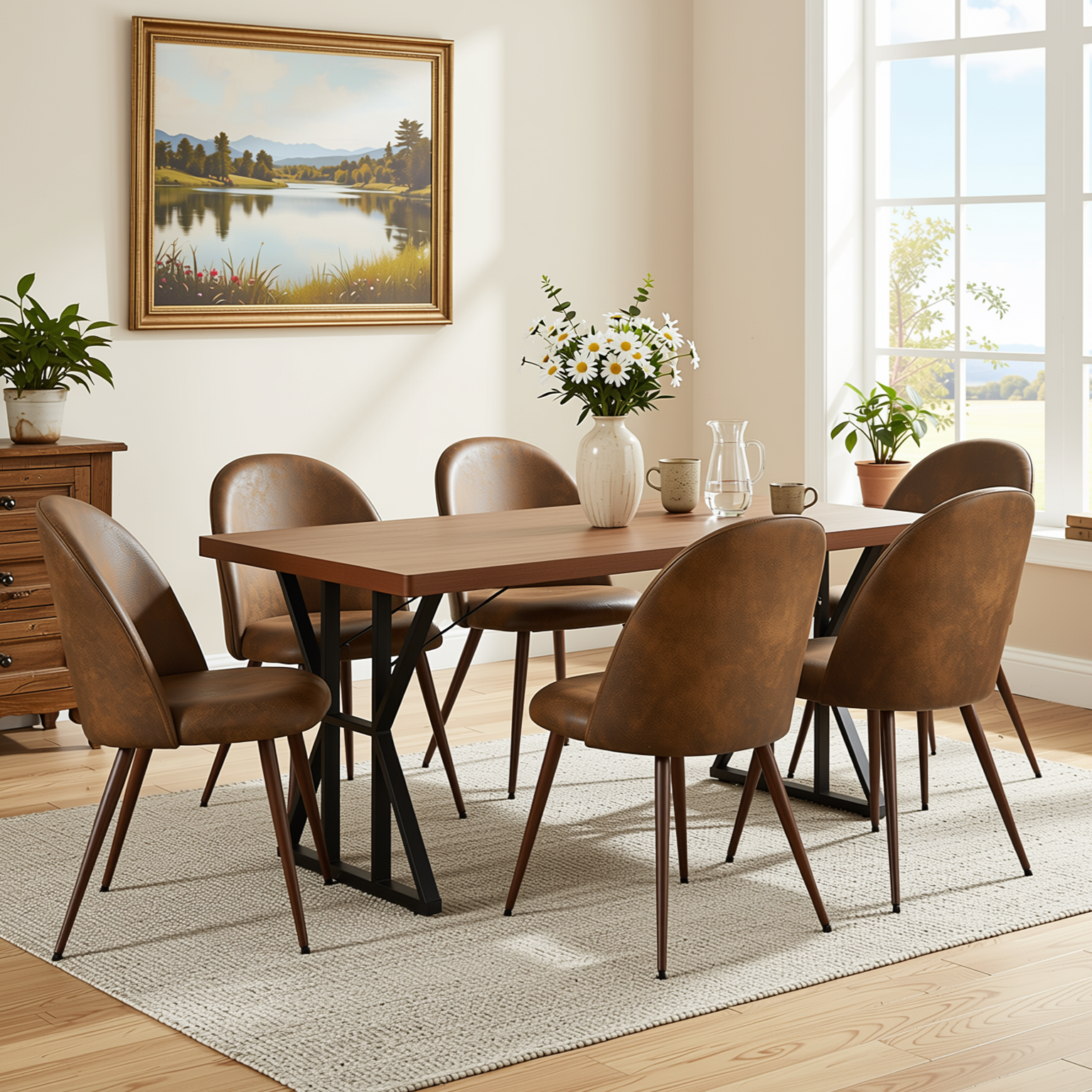 Homy Casa Leonard + Haven 7PC Dining Set 63" Table with 6 Suede Brown Upholstered Chairs Walnut Finish