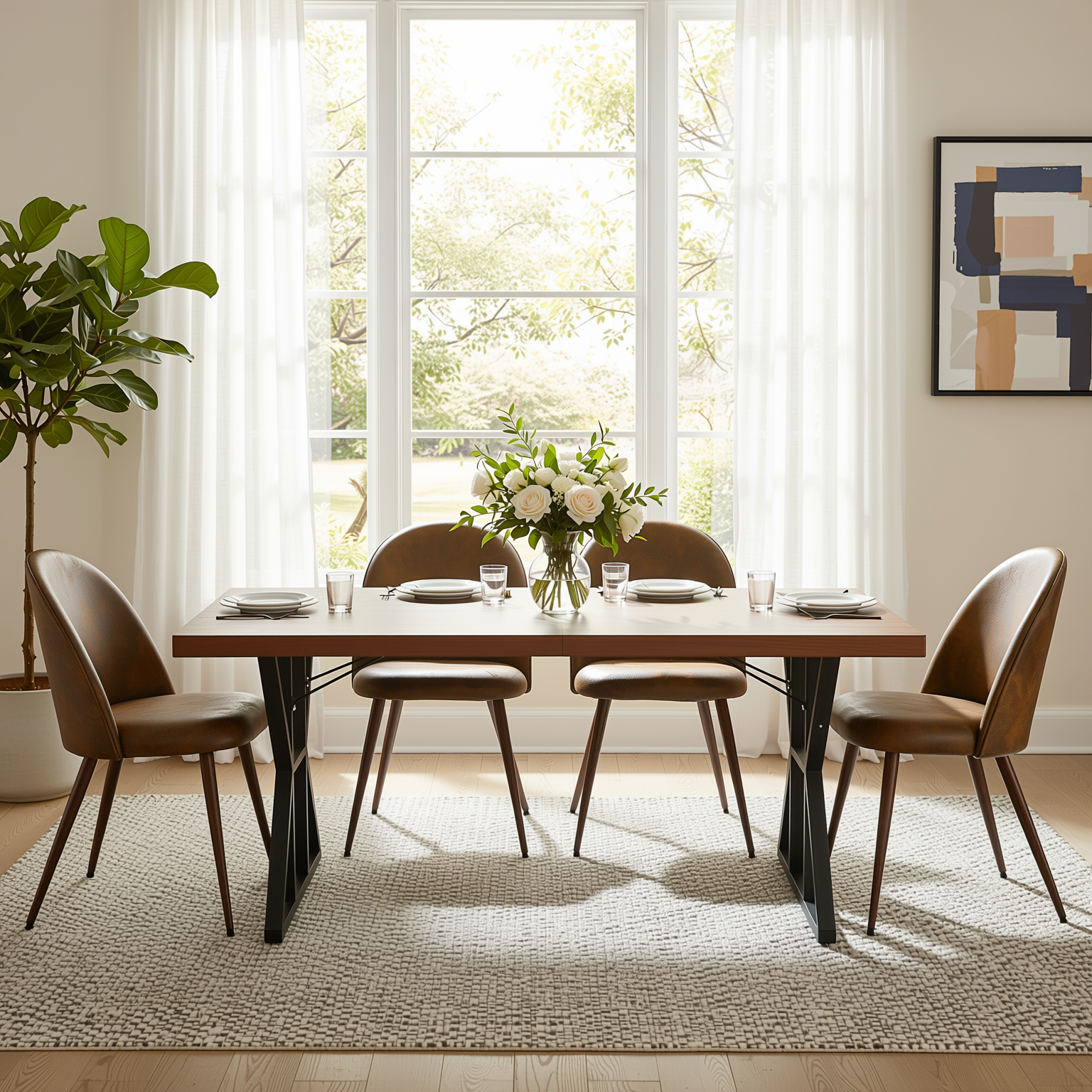 Homy Casa Leonard + Haven 5PC Dining Set 63” Table with 4 Suede Brown Upholstered Chairs Walnut Finish