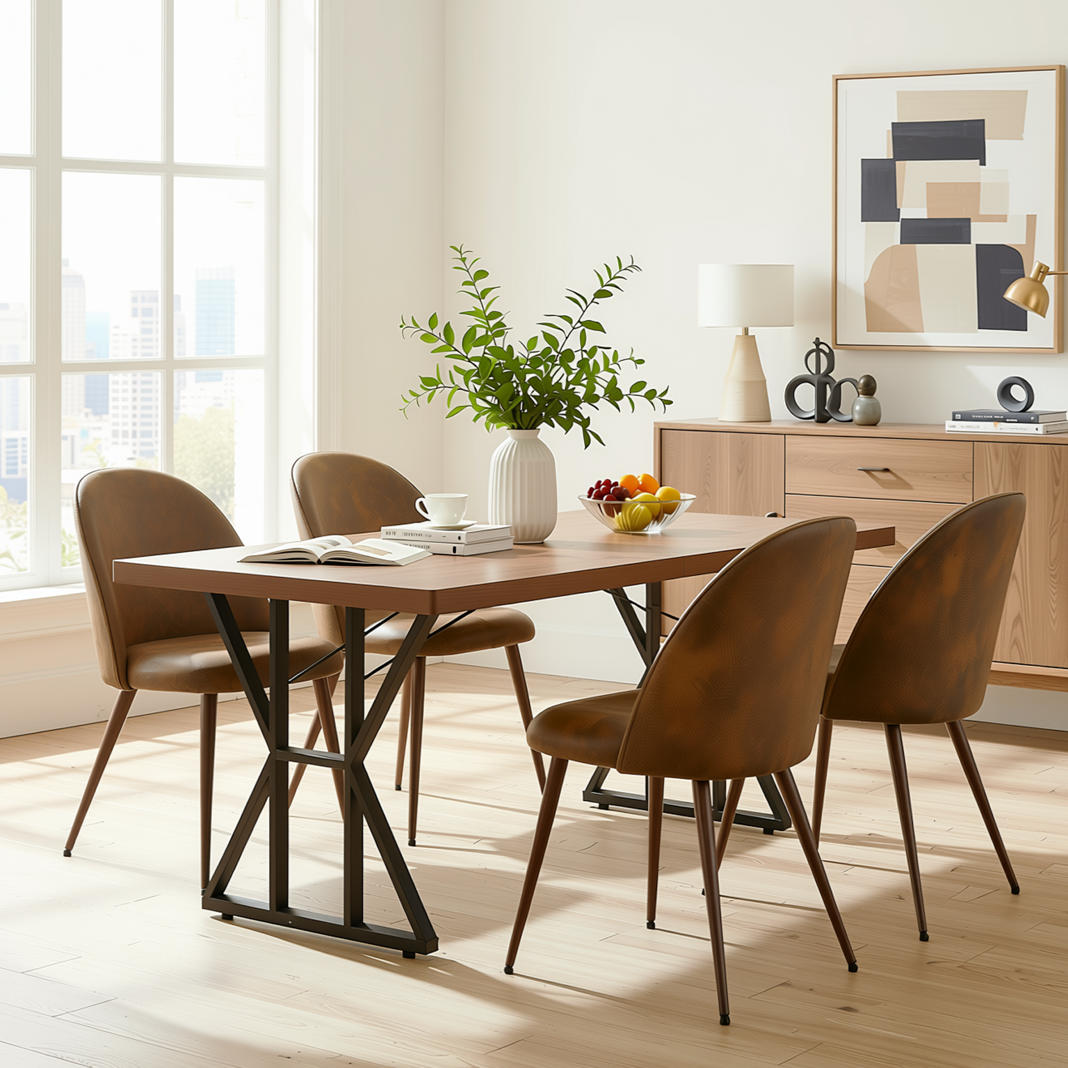Homy Casa Leonard + Haven 5PC Dining Set 63” Table with 4 Suede Brown Upholstered Chairs Walnut Finish