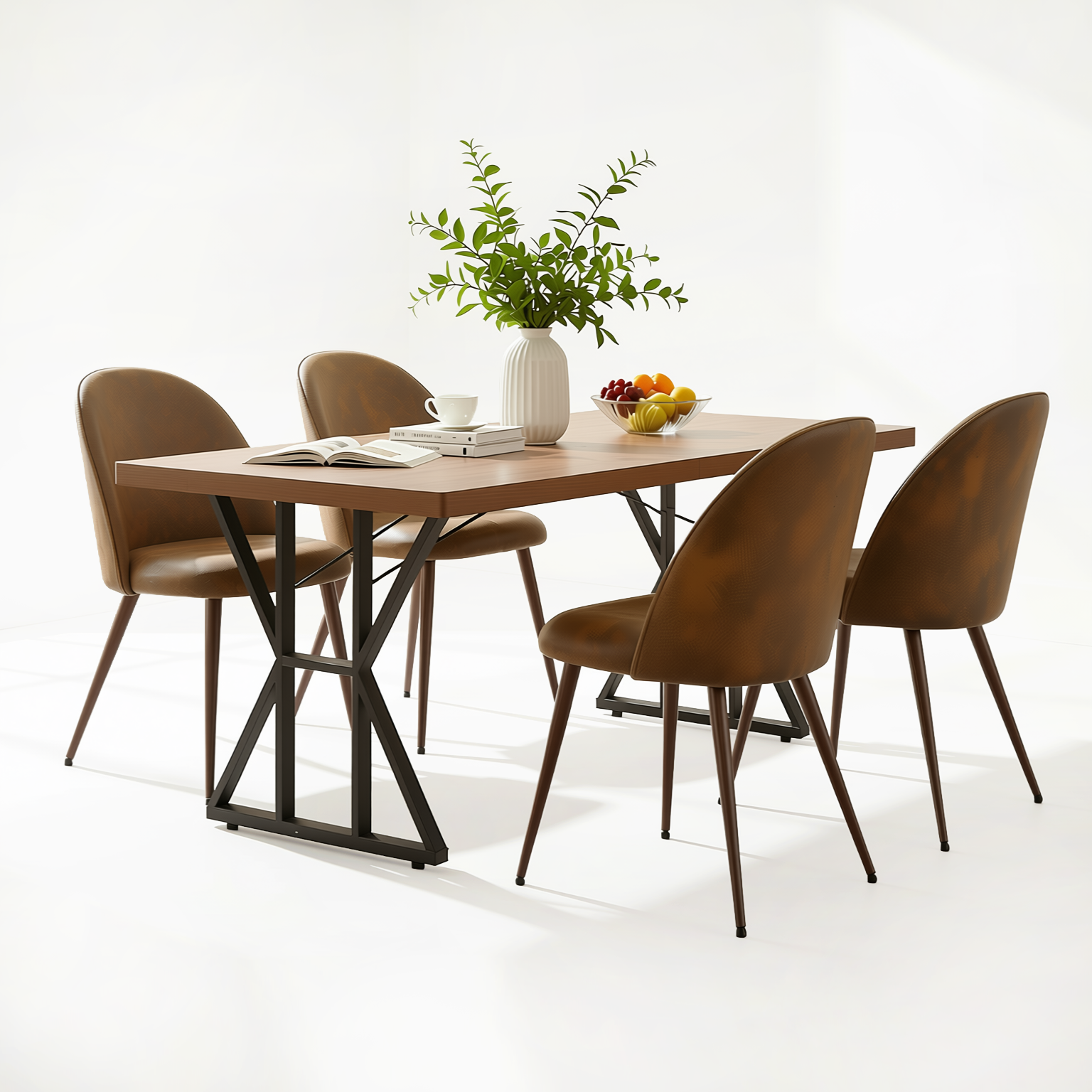 Homy Casa Leonard + Haven 5PC Dining Set 63” Table with 4 Suede Brown Upholstered Chairs Walnut Finish