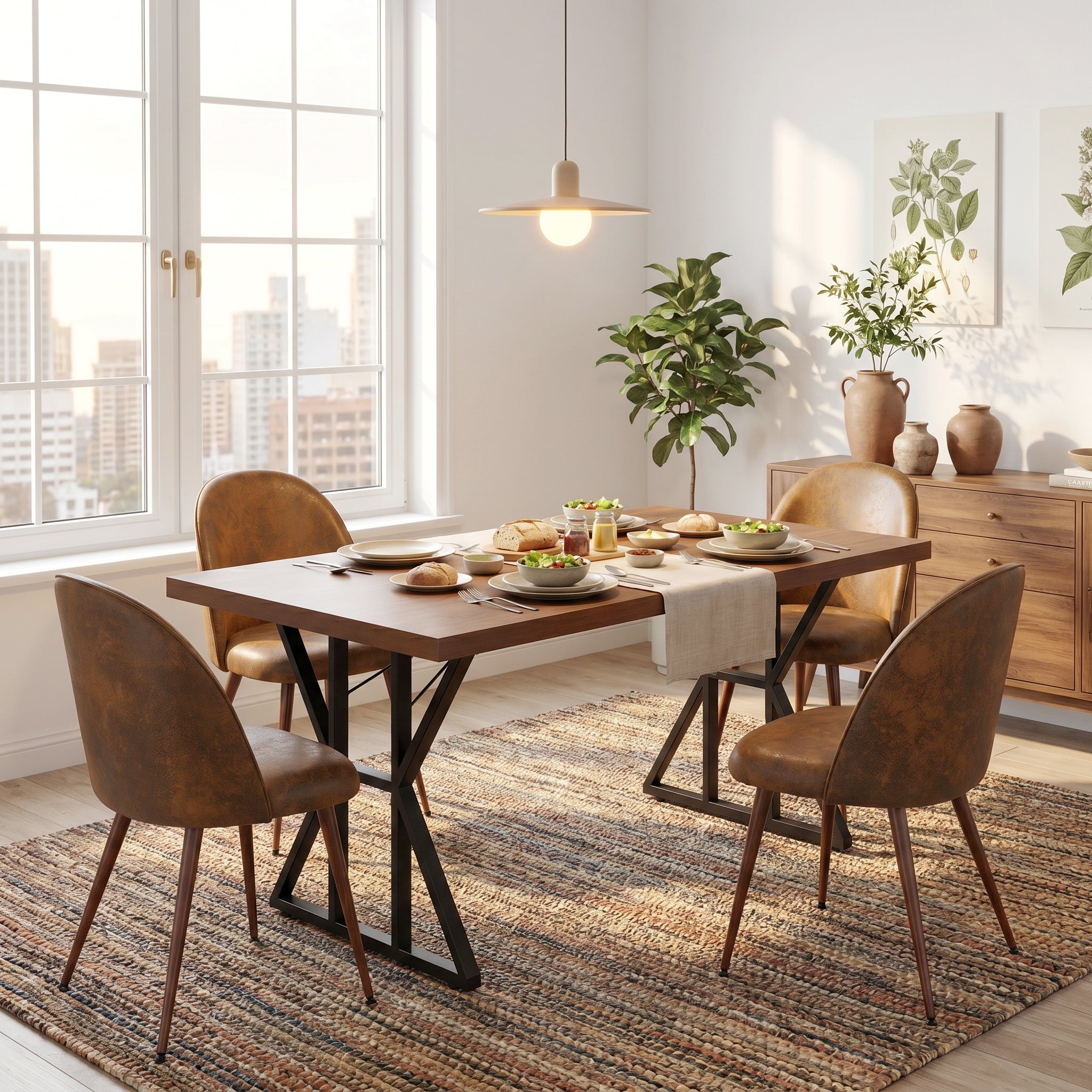 Homy Casa Leonard + Haven 5PC Dining Set 63” Table with 4 Suede Brown Upholstered Chairs Walnut Finish