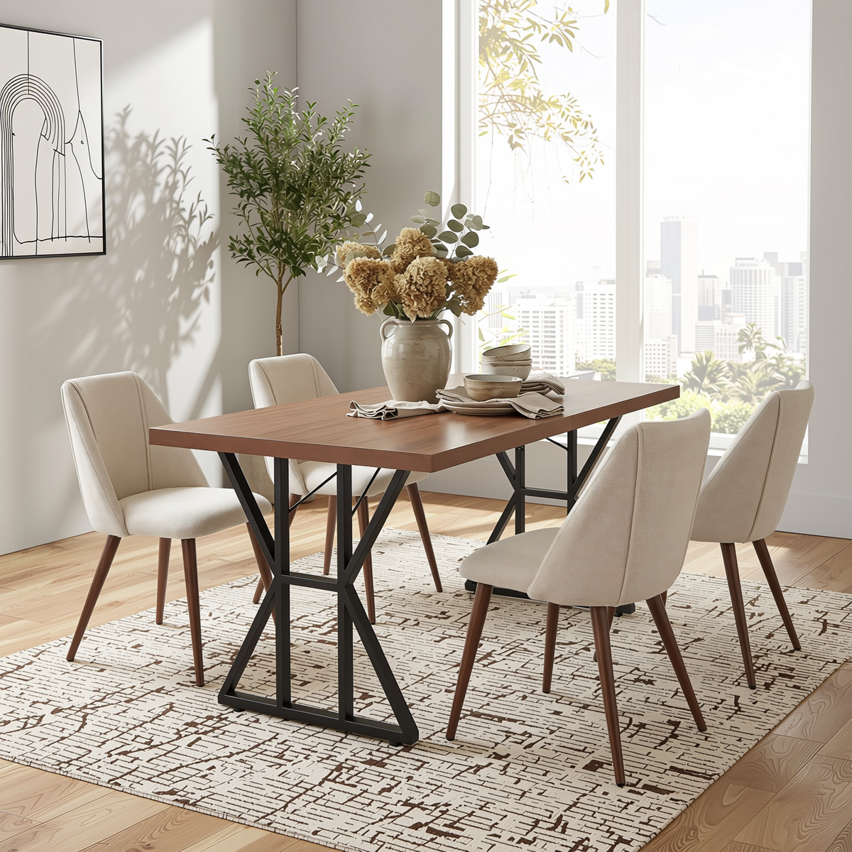 Homy Casa LEONARD+KALI 5PC Dining Set 63" Table with 4 Beige Fabric Chairs Walnut Metal Legs