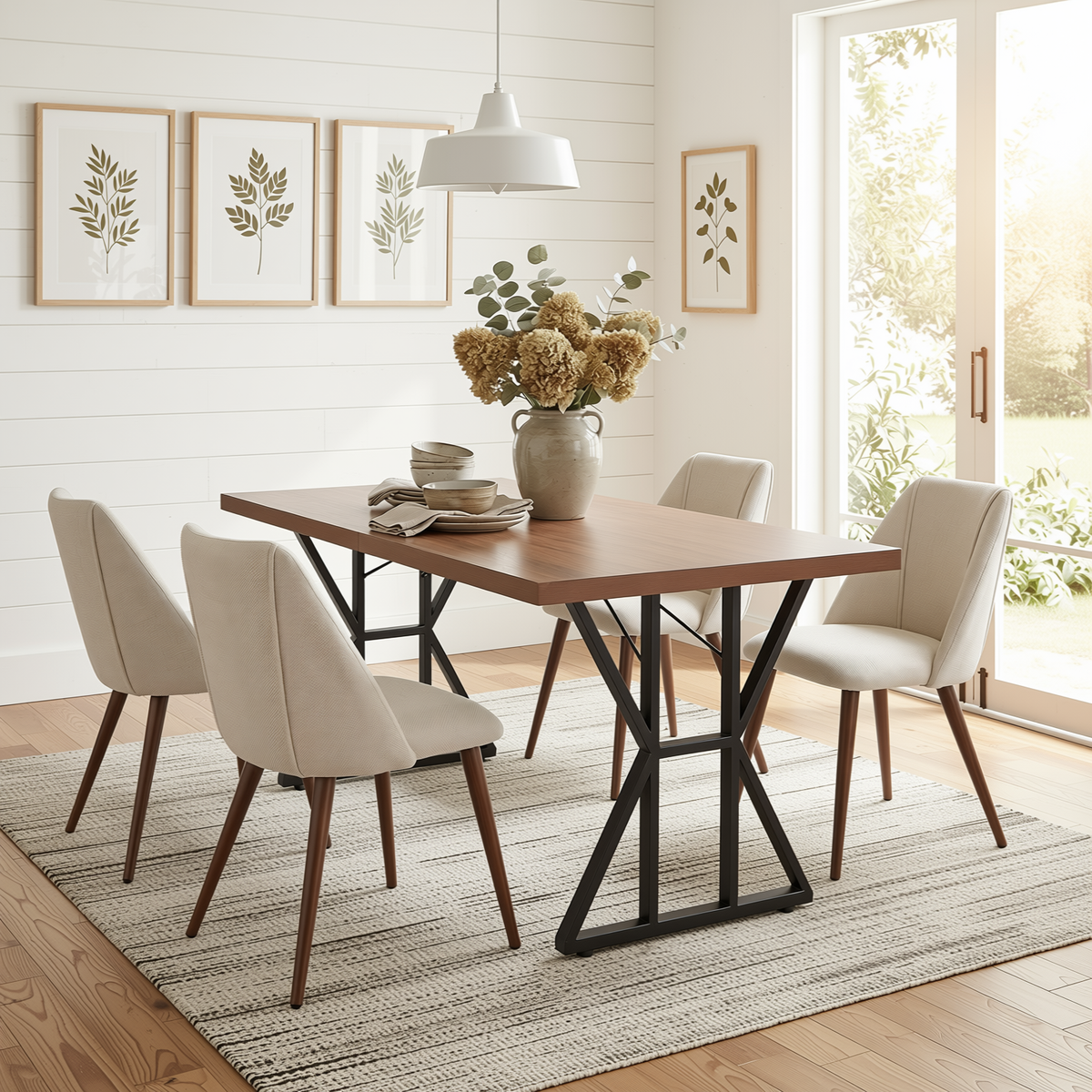 Homy Casa LEONARD+KALI 5PC Dining Set 63" Table with 4 Beige Fabric Chairs Walnut Metal Legs
