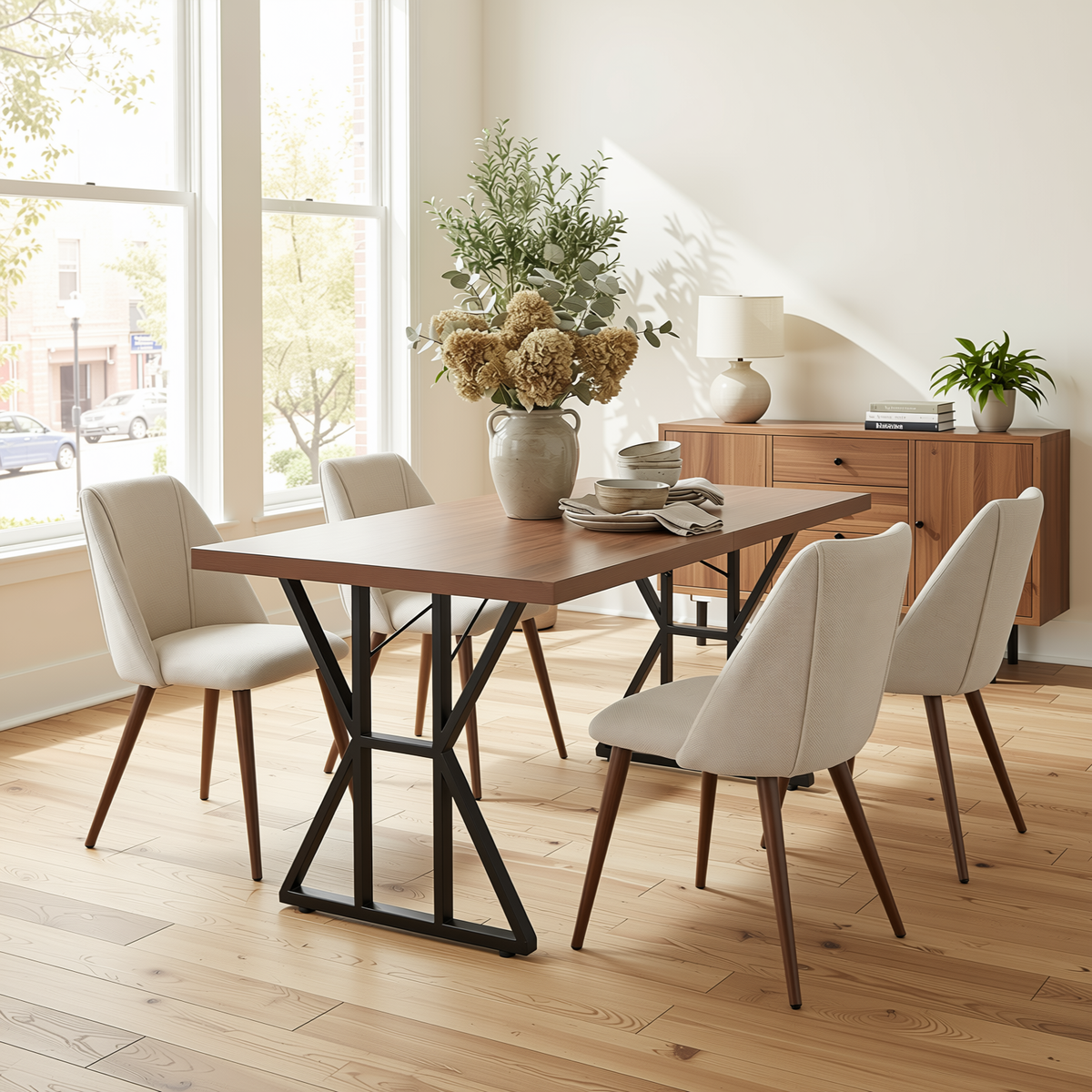 Homy Casa LEONARD+KALI 5PC Dining Set 63" Table with 4 Beige Fabric Chairs Walnut Metal Legs