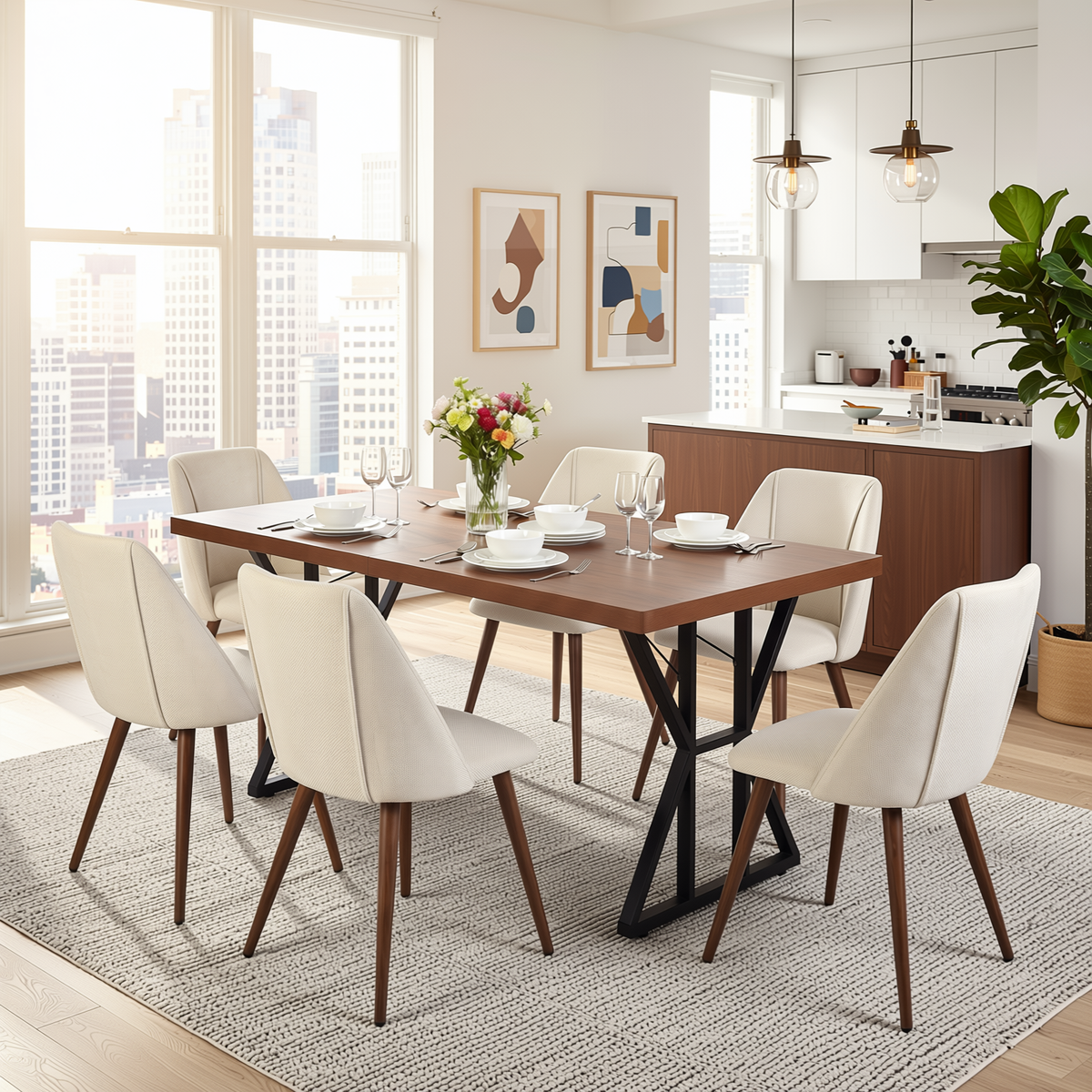 Homy Casa LEONARD+KALI 7PC Dining Set 63" Table with 6 Beige Fabric Chairs Walnut Metal Legs