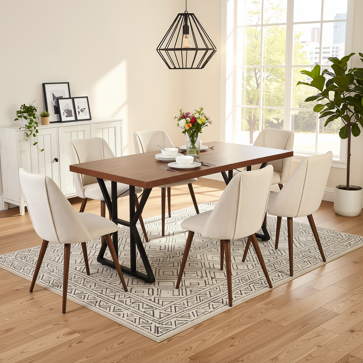 Homy Casa LEONARD+KALI 7PC Dining Set 63" Table with 6 Beige Fabric Chairs Walnut Metal Legs