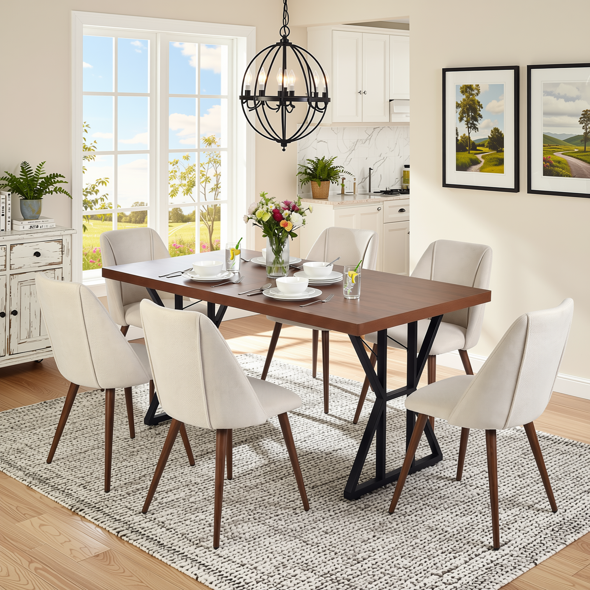 Homy Casa LEONARD+KALI 7PC Dining Set 63" Table with 6 Beige Fabric Chairs Walnut Metal Legs