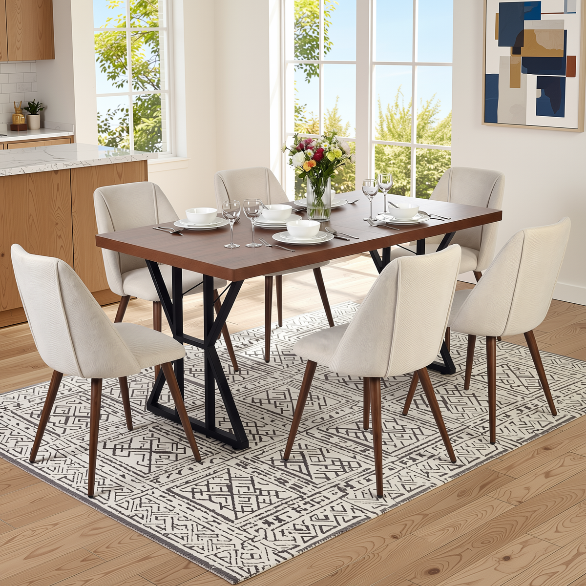 Homy Casa LEONARD+KALI 7PC Dining Set 63" Table with 6 Beige Fabric Chairs Walnut Metal Legs