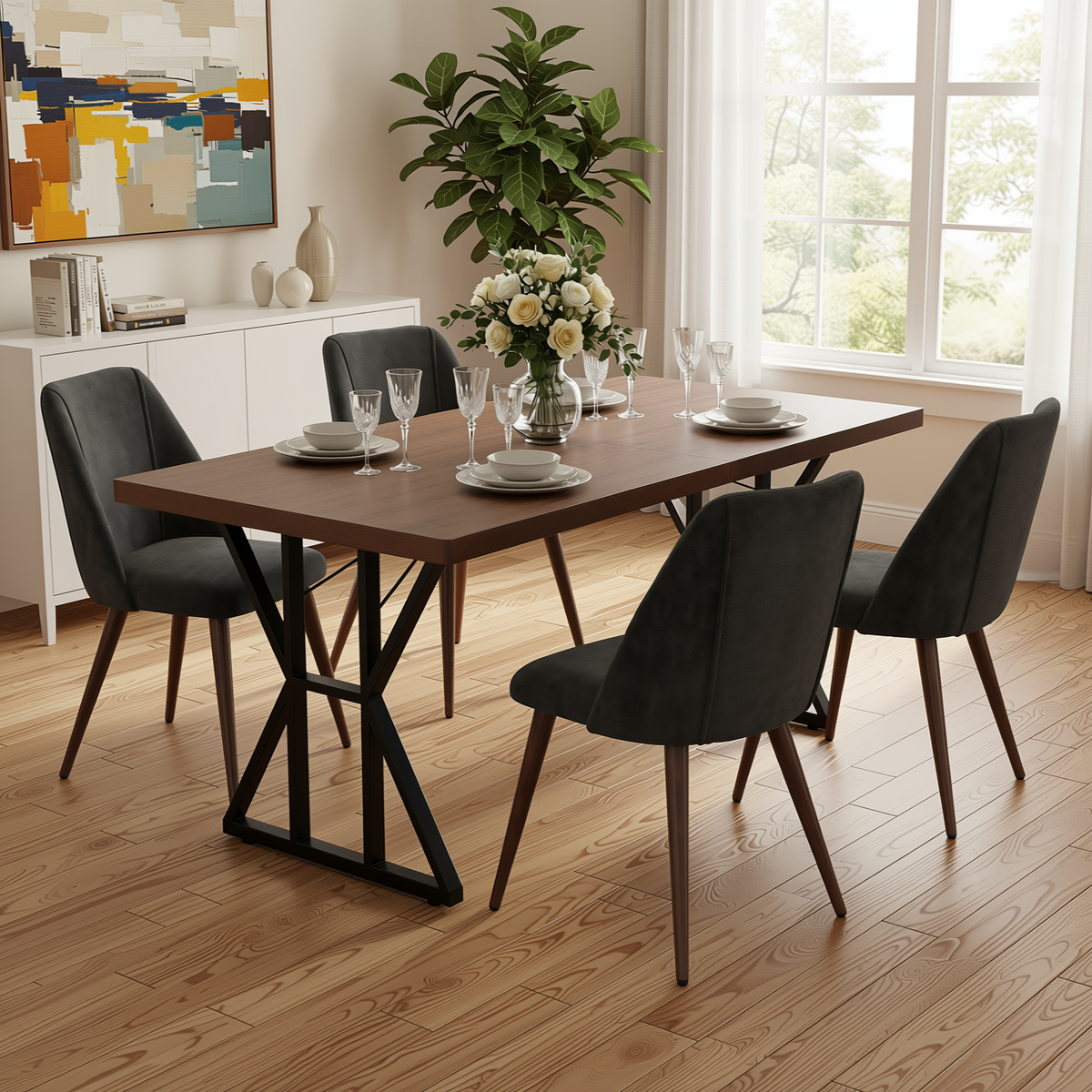 Homy Casa LEONARD+KALI 5PC Dining Set 63" Table with 4 Kali Charcoal Fabric Walnut Leg Chairs
