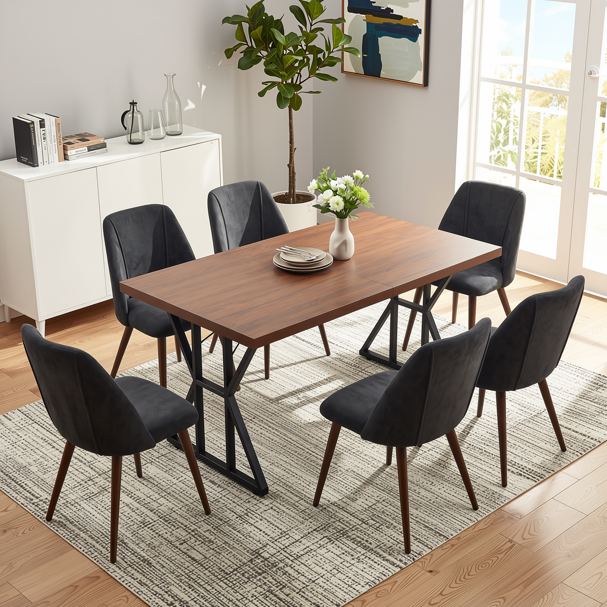 Homy Casa LEONARD+KALI 7PC Dining Set 63” Rectangular Table with 6 Charcoal Fabric Chairs Walnut Metal Legs