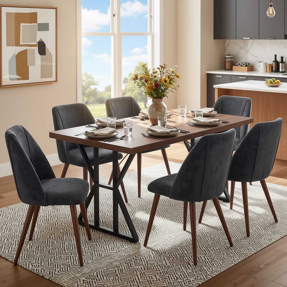 Homy Casa LEONARD+KALI 7PC Dining Set 63” Rectangular Table with 6 Charcoal Fabric Chairs Walnut Metal Legs