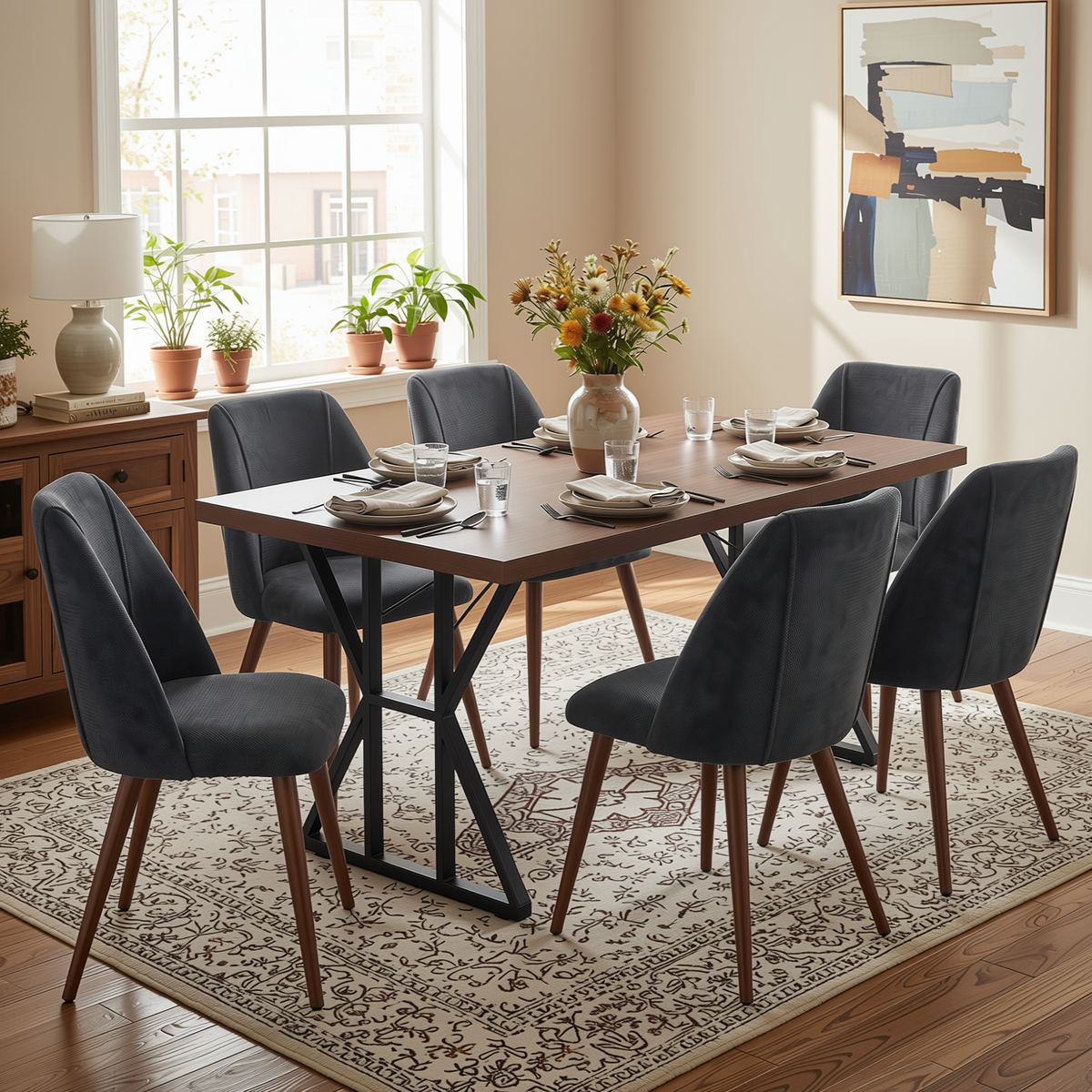Homy Casa LEONARD+KALI 7PC Dining Set 63” Rectangular Table with 6 Charcoal Fabric Chairs Walnut Metal Legs