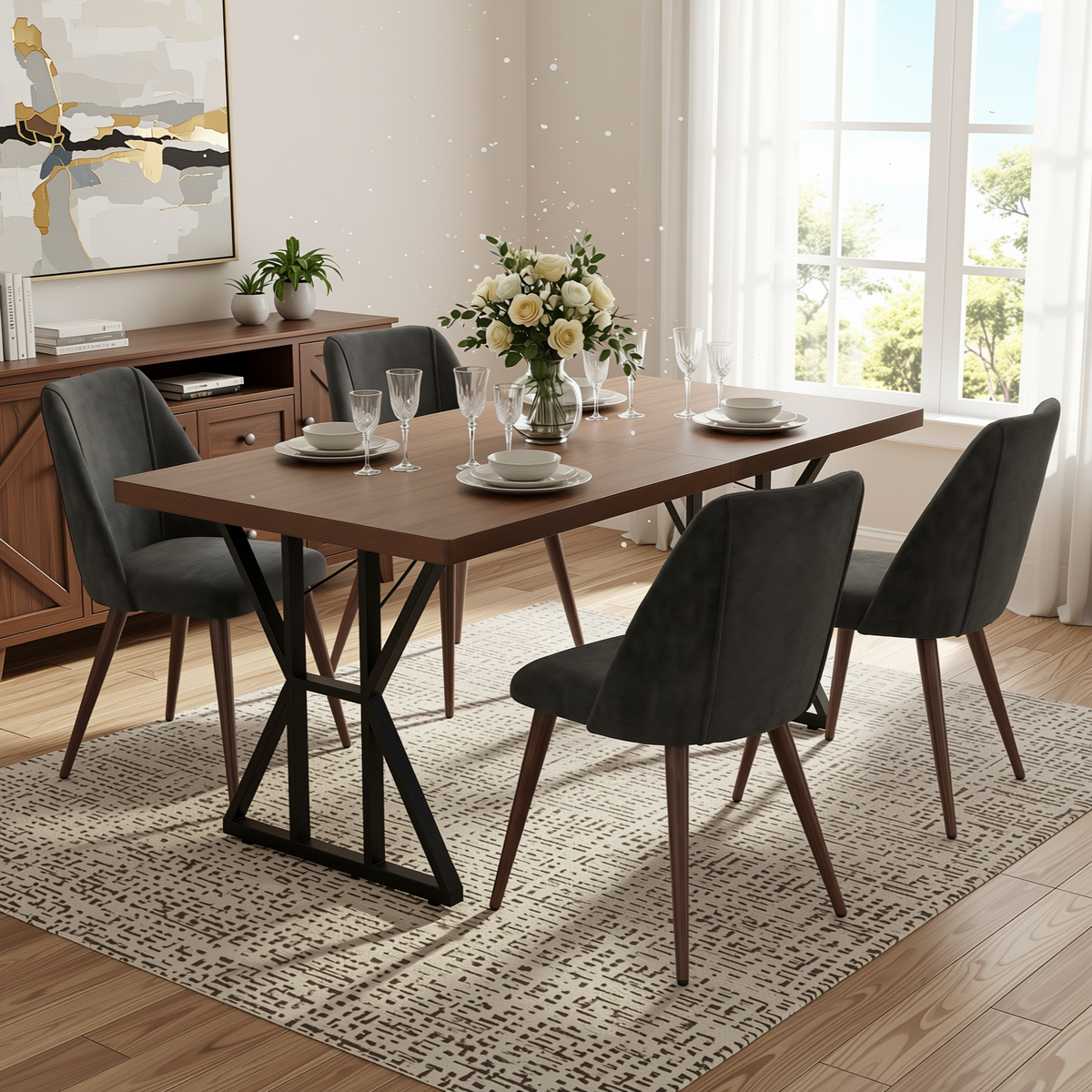 Homy Casa LEONARD+KALI 5PC Dining Set 63" Table with 4 Kali Charcoal Fabric Walnut Leg Chairs