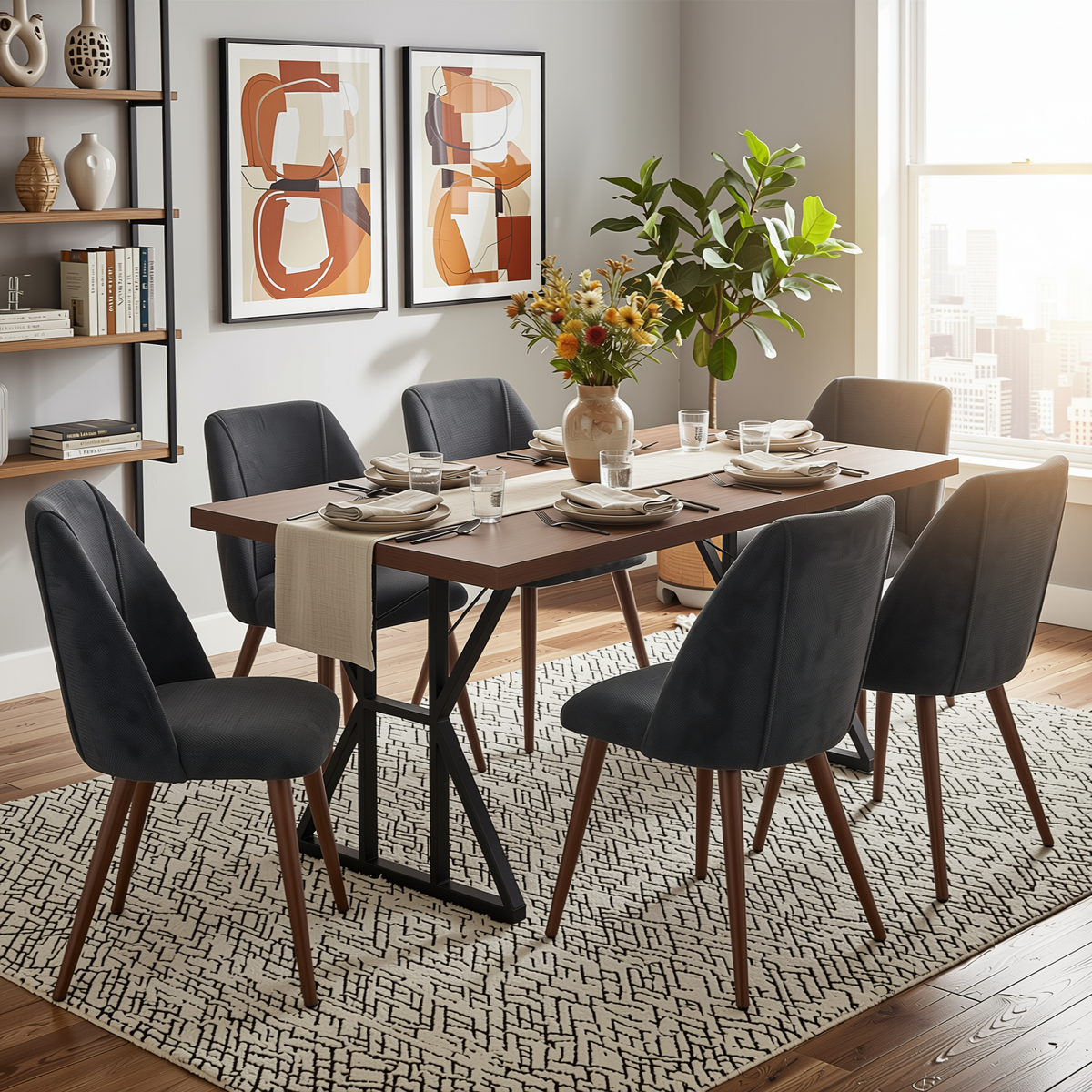 Homy Casa LEONARD+KALI 7PC Dining Set 63” Rectangular Table with 6 Charcoal Fabric Chairs Walnut Metal Legs