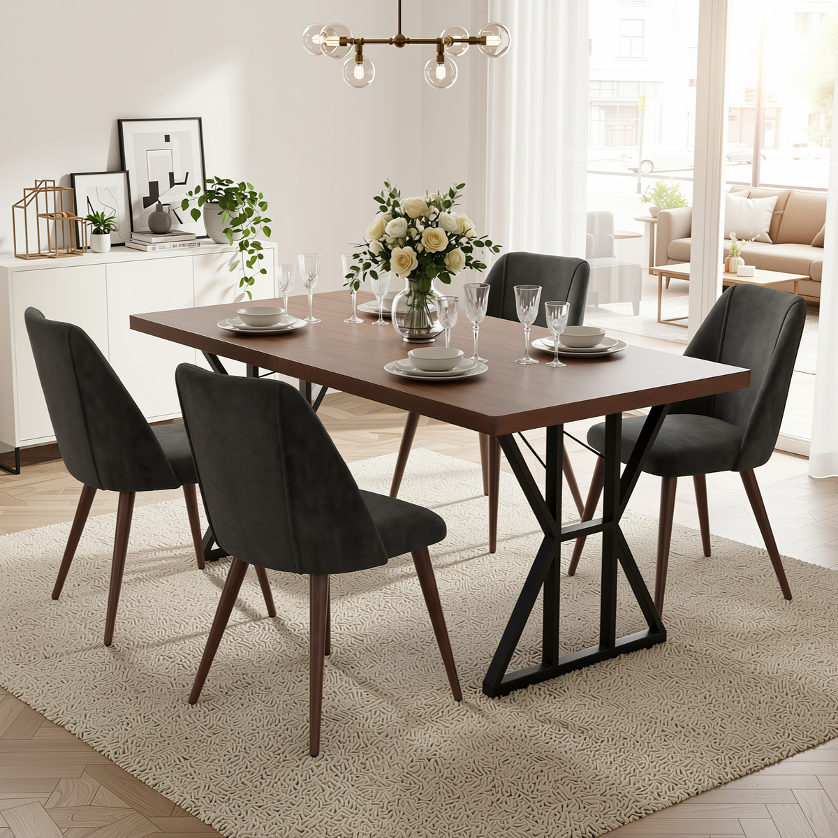 Homy Casa LEONARD+KALI 5PC Dining Set 63" Table with 4 Kali Charcoal Fabric Walnut Leg Chairs